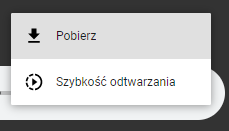 Grafika przedstawia ikony na pasku odtwarzacza audio. Dodatkowe opcje to: pobierz i szybkość odtwarzania. 