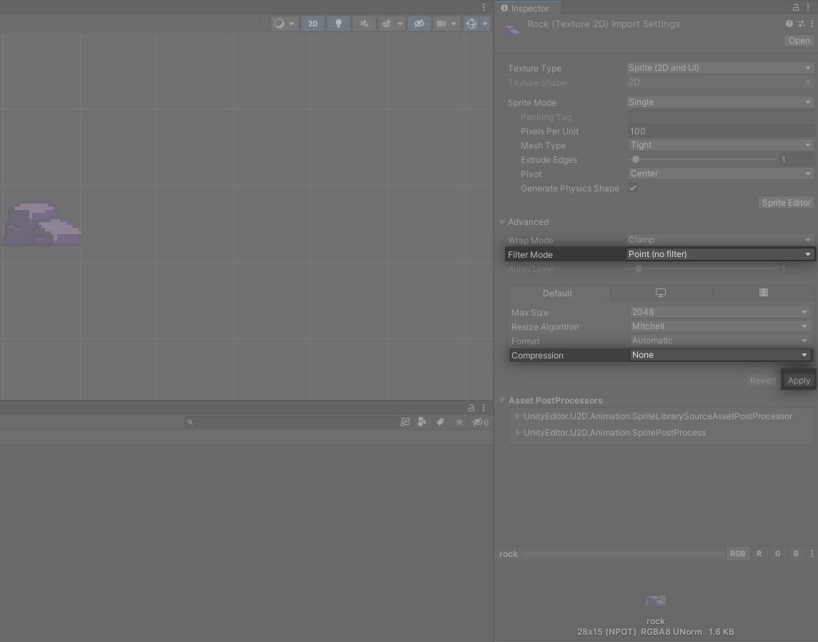 Ilustracja przedstawia obszar gry. Po lewej stronie zaznaczono Filter mode Point (no filter) oraz Compression None. W polu edycji są dwa filetowe elementy przypominające stosy.   