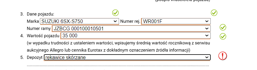 Przykładowy widok poprawności wypełnienia karty