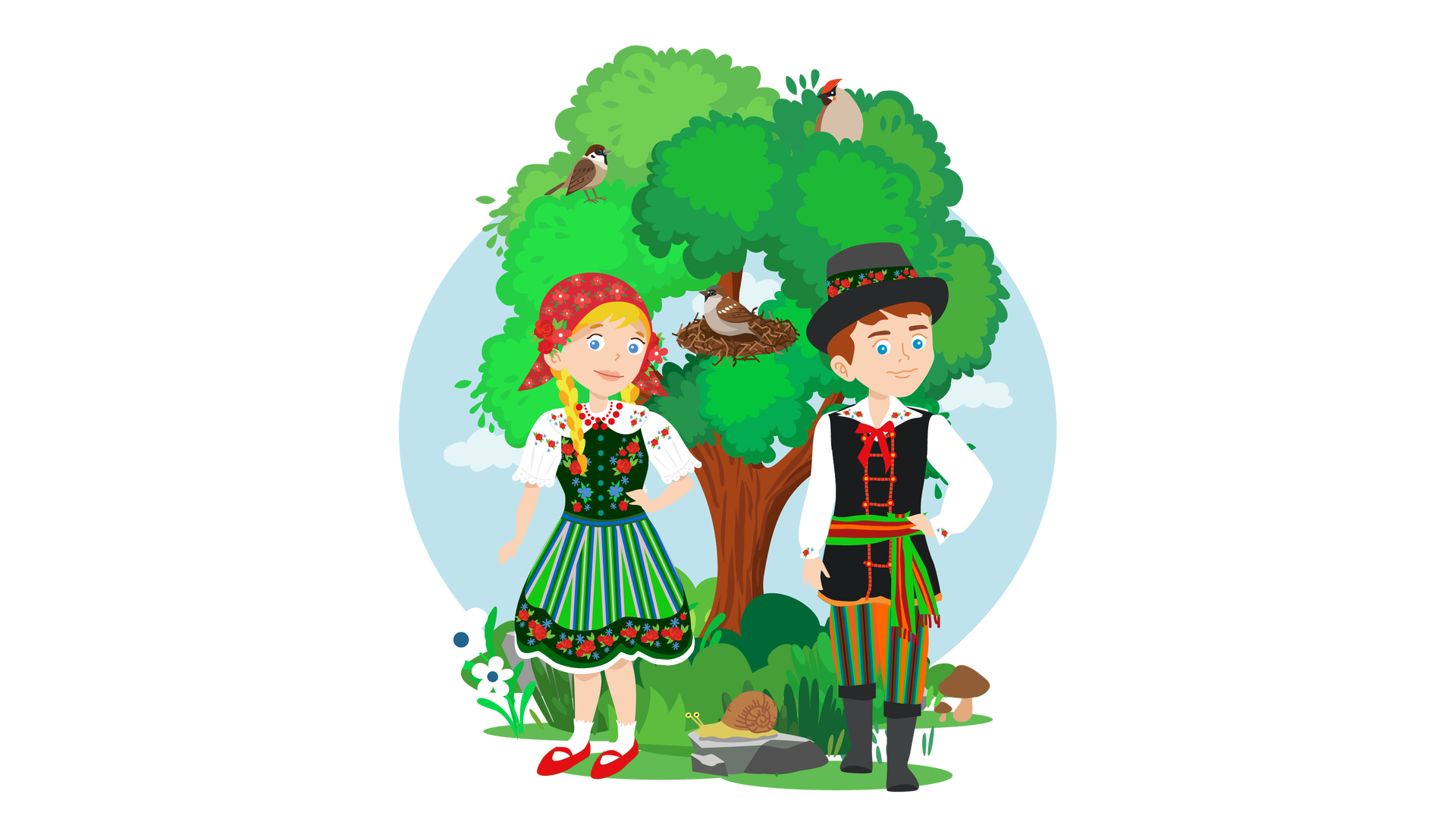 Ilustracja przedstawia teren porośnięty zielenią z dużym drzewem liściastym na środku. Na drzewie siedzą trzy ptaki. Pierwszy ptak to mazurek. Ma czarno‑białe upierzenie na szyi, ciemnobrązowe na głowie i skrzydłach oraz jasnobrązowe na grzbiecie i brzuchu. Drugi ptak siedzi w gnieździe. Jest to wróbel. Ma jasnobrązowe upierzenie na brzuchu i brązowe na grzbiecie, głowie oraz skrzydłach. Trzeci ptak to dziwonia. Ma czerwony czubek na głowie, jasnobrązowe upierzenie na brzuchu oraz brązowe na skrzydłach i grzbiecie. Za drzewem widać błękitne niebo z jasnymi chmurami. Po lewej stronie ilustracji rosną dwa białe kwiatki. Po prawej stronie rosną dwa grzyby o brązowych kapeluszach. Na środku leży szary kamień, po którym idzie duży ślimak. Na pierwszym planie stoją kobieta i mężczyzna w strojach ludowych. Kobieta ma długie blond włosy zaplecione w dwa warkocze. Jest ubrana w białą bluzkę z krótkimi rękawami i kołnierzykiem w delikatne czerwone kwiaty, czarną kamizelkę w niebieskie i czerwone kwiaty, zapinaną na guziki, spódnicę do kolan w pionowe granatowe, zielone i szare pasy w górnej części oraz niebieskie i czerwone kwiaty w dolnej części, białe skarpety i czerwone buty. Na głowie ma czerwoną chustkę w drobny kwiatowy wzór, a na szyi czerwone korale. Mężczyzna jest ubrany w białą koszulę z długimi rękawami i kołnierzykiem w delikatne czerwone kwiaty, długą czarną kamizelkę na guziki, przewiązaną zielono‑brązowym pasem, długie spodnie w kolorowe pionowe pasy i wysokie ciemnoszare buty. Na głowie ma czarny kapelusz ze wstążką w kwiatowy wzór, a przy kołnierzyku czerwoną kokardę.