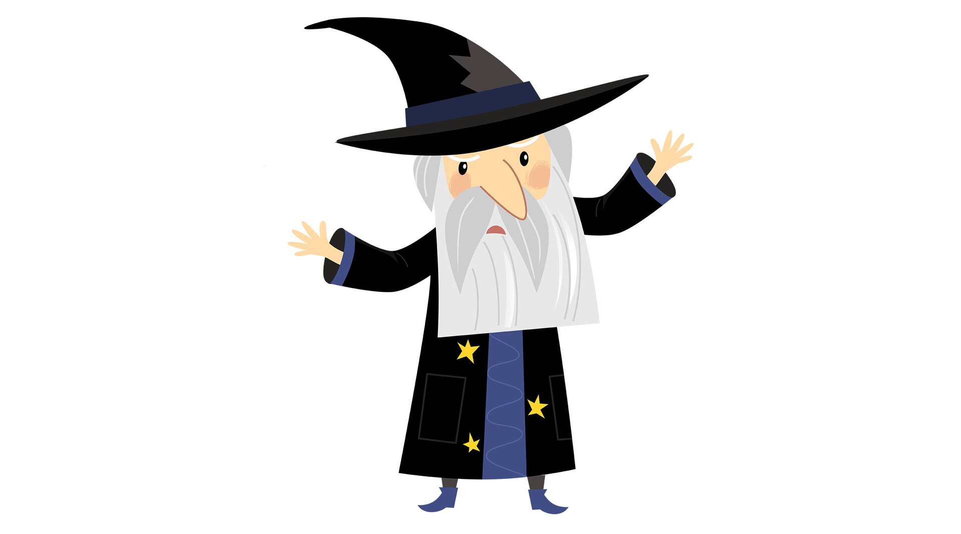 Ilustracja przedstawia czarnoksiężnika w czarnej szacie w gwiazdy i w szpiczastym kapeluszu. Czarodziej ma długą brodę i wąsy.