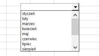 Ilustracja przedstawia komórki arkusza. Na ich tle jest kwadratowa ramka ze strzałkami w górę i w dół. Po lewej stronie ramki jest lista z nazwami miesięcy. 