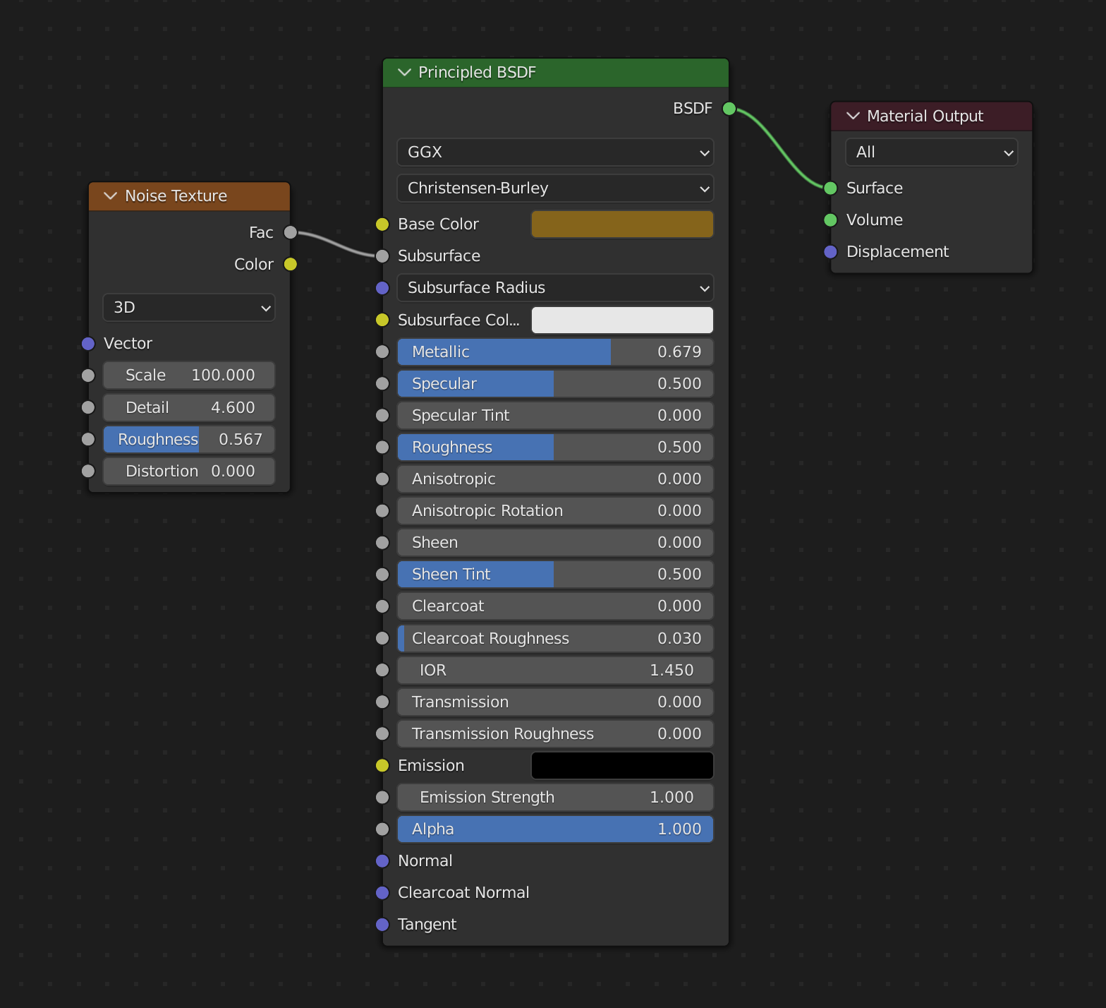 Ilustracja przedstawia trzy okna dialogowe programu. Na środku znajduje się okno Principled Be Es De Ef, gdzie istnieje możliwość ustawienia parametrów materiału między innymi koloru bazowego, jasności czy przeźroczystości. Z lewej strony znajduje się okno o tytule Noise Texture. Tu można ustawić między innymi takie parametry jak skala czy detale. Z prawej strony znaduje się okno o tytule  Material Output można tutaj ustawić parametry takie jak powierzchnia objętość oraz przemieszczenie. Pomiędzy oknami znajdują się linie oznaczające węzły łączące różne tekstury. Do węzłów wybrane zostały parametry dotyczące powierzchni.