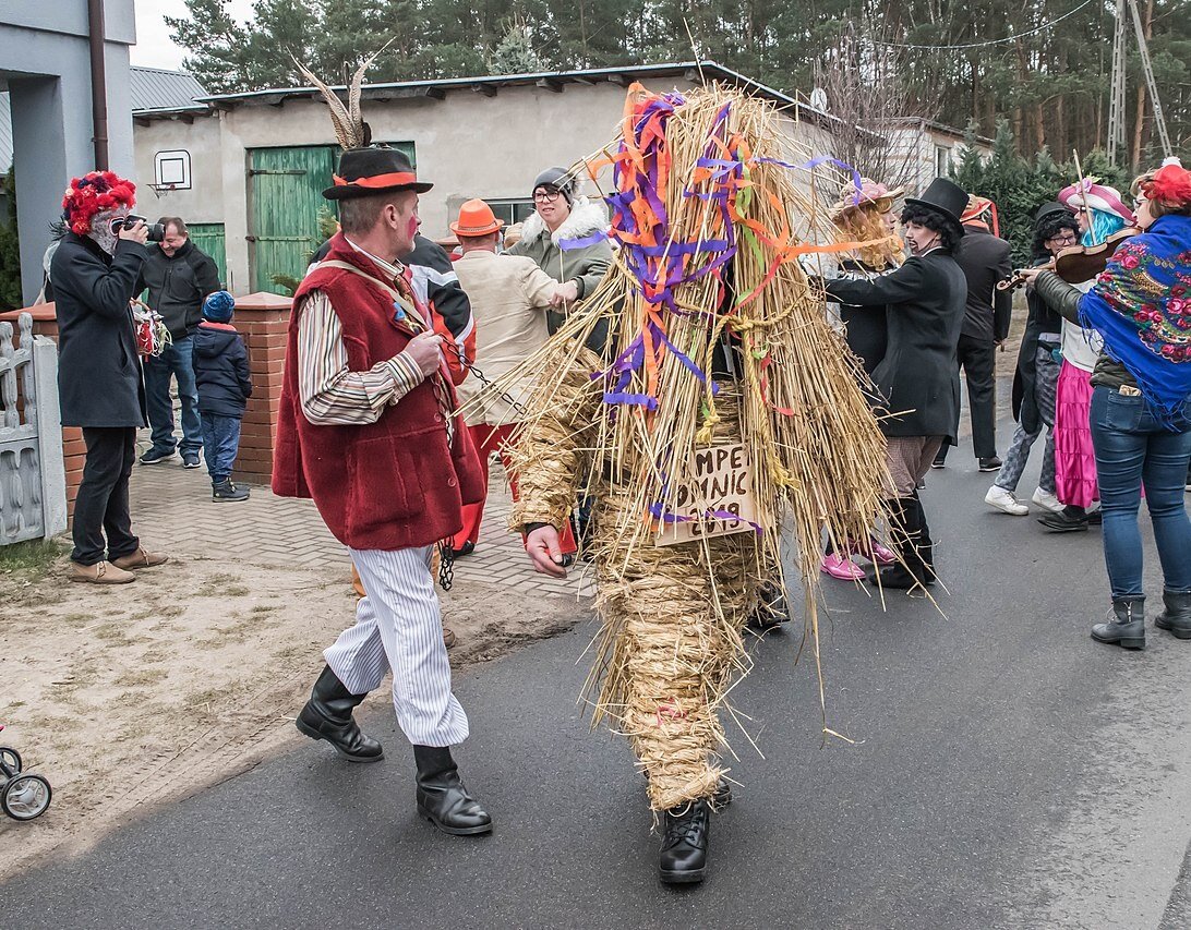Na zdjęciu grupa ludzi. Jedna z osób jest pokryta słomą i kolorowymi wstążkami. Obok niej idzie mężczyzna w kapeluszu z piórkami i w czerwonej kamizelce. Mężczyzna trzyma na łańcuchu osobę pokrytą słomą. W tyle znajdują się inne przebrane osoby. Jedna z nich gra na skrzypcach.