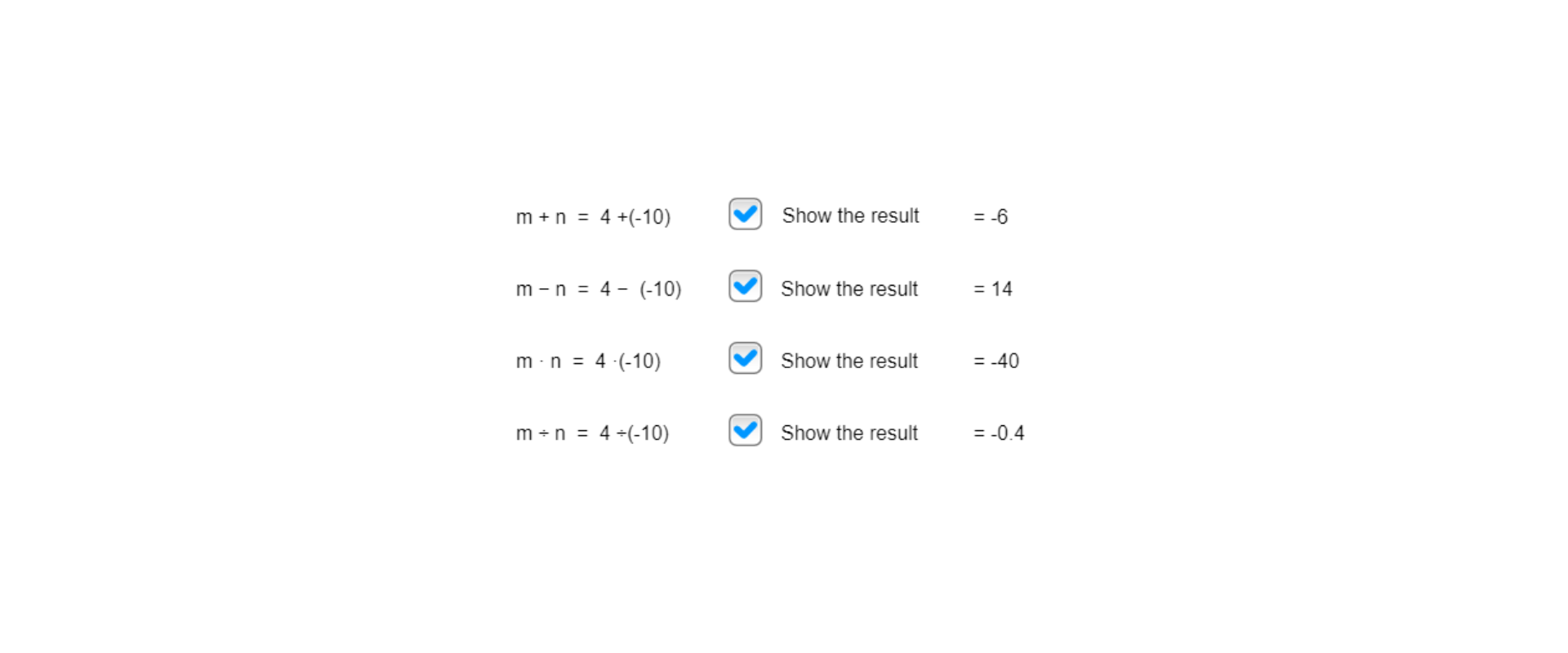 Na rysunku znajdują się cztery działania. m dodać n równa się cztery dodać w nawiasie zwykłym minus dziesięć, zamknąć nawias, zaznaczone okienko  'Show the result' równa się minus sześć. m odjąć n równa się cztery minus w nawiasie zwykłym minus dziesięć, zamknąć nawias, zaznaczone okienko „pokaż  'Show the result', równa się czternaście. m pomnożone przez n równa się cztery pomnożone przez w nawiasie zwykłym minus dziesięć, zamknąć nawias, zaznaczone okienko 'Show the result', równa się minus czterdzieści. m podzielone przez n równa się cztery podzielone przez w nawiasie zwykłym minus dziesięć, zamknąć nawias, zaznaczone okienko 'Show the result', równa się minus cztery dziesiętne.