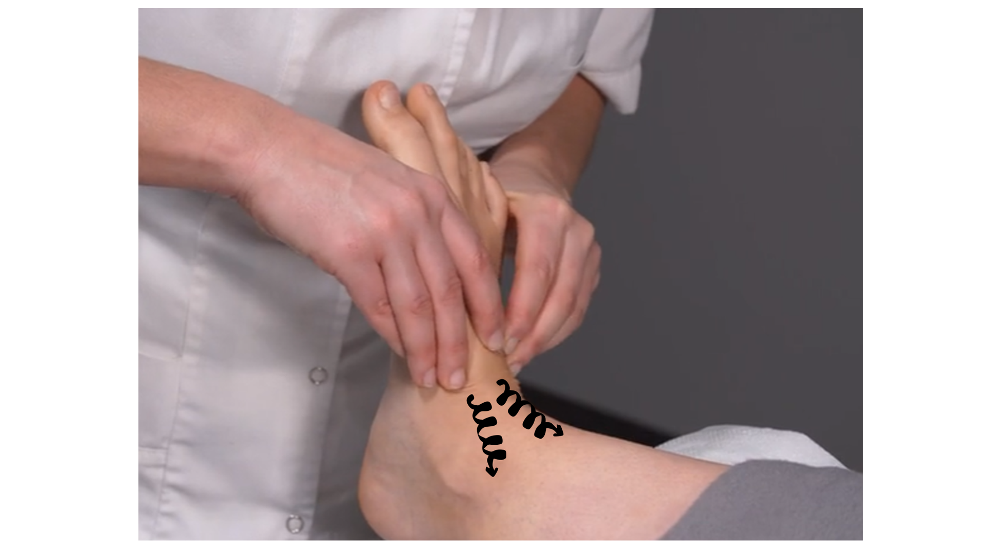 Zdjęcie przedstawia lewą stopę pacjenta leżącego tyłem na stole do masażu. Masażysta opuszkami palców od drugiego do piątego wykonuje ruch okrężny pomiędzy kostkami bocznymi i wokół nich równocześnie po obydwóch stronach.