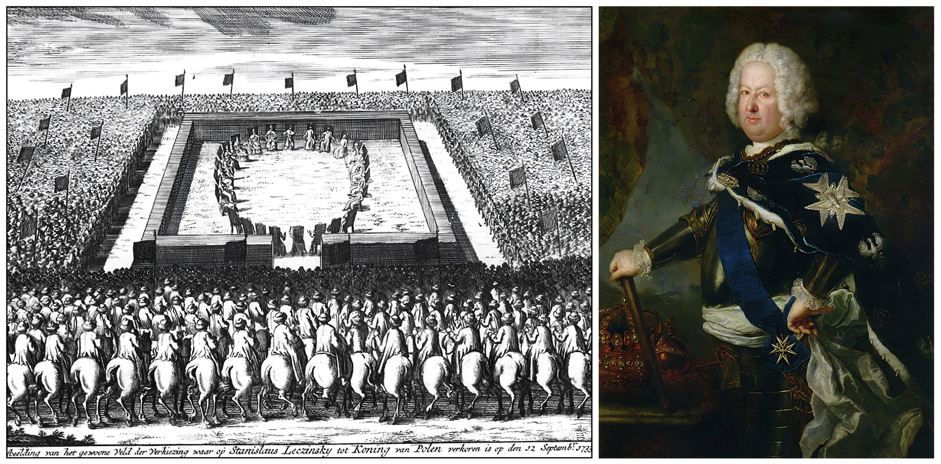 Kliknij, aby powiększyć. Po lewej stronie odbitka drzeworytnicza obrazująca przebieg elekcji w 1733 roku. Na polu elekcyjnym zgromadzona jest szlachta województwami, o czym świadczą chorągwie poszczególnych ziem. W centrum zgromadzenia w kole za okopami siedzą senatorowie. Po prawej stronie portret króla Stanisława Leszczyńskiego w stroju francuskim. Monarcha stoi bokiem do widza w pozie majestatycznej, ubrany w zbroję i płaszcz koronacyjny z wyszytymi na nim znakami narodowymi. W prawej dłoni trzyma regiment oparty o stolik z leżącymi na nim insygniami koronacyjnymi: koroną, berłem i jabłkiem, złożonymi na aksamitnej poduszce. Lewa dłoń monarchy dostawiona jest do boku. Król przepasany jest wstęgą z Orderem Ducha Świętego. Na głowie nosi perukę, a na szyi halsztuk (chustę), która osłania kołnierz koszuli z koronkowymi mankietami.