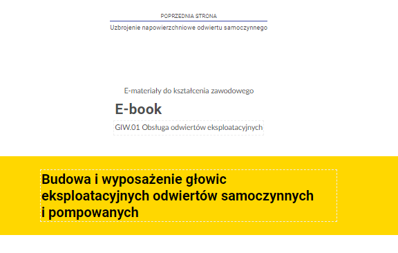 Na zdjęciu znajduje się przykładowy widok przycisku przenoszącego do poprzedniej strony.Na górze zdjęcia znajduje się przycisk. W górnej jego części umieszczony jest tekst: poprzednia strona. W dolnej połowie znajduje się tytuł zasobu. Przykładowo: Uzbrojenie napowierzchniowe odwiertu samoczynnego. Pomiędzy tekstami narysowana jest niebieska ciągła linia.Poniżej w kolejnych linijkach znajdują się dodatkowe informacje tekstowe: E‑materiały do kształcenia zawodowego, E‑book, GIW kropka 01 Obsługa odwiertów eksploatacyjnych.Na samym dole zdjęcia na żółtym tle o kształcie prostokąta znajduje się czarny pogrubiony napis: Budowa i wyposażenie głowic eksploatacyjnych odwiertów samoczynnych i pompowych.’