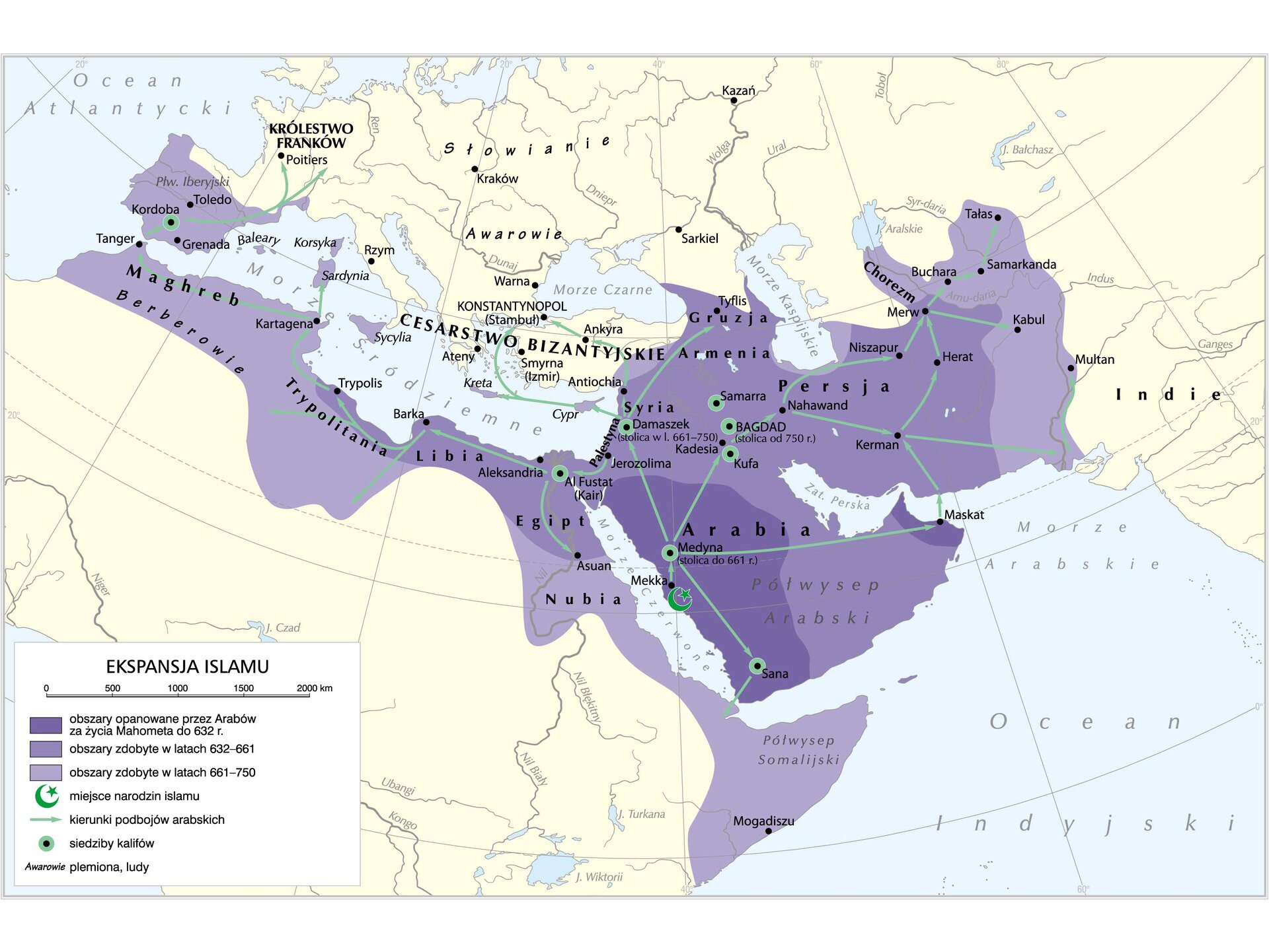 Początkowo ekspansja świata muzułmańskiego objęła Syrię, Palestynę, Mezopotamię, Iran, Egipt i całą Afrykę Północną. Na początku VIII wieku wtargnęli na Półwysep Iberyjski i podbili większą część królestwa Wizygotów. Wkrótce przekroczyli granicę Pirenejów i zagrozili południowym ziemiom Galii. Ich ekspansję zatrzymały dopiero wojska Franków pod wodzą Karola Młota (732 rok). U schyłku VIII wieku Arabowie ponownie zagrozili Galii. Wówczas Karol Wielki podbił tereny po obu stronach Pirenejów i utworzył z nich marchię ze stolicą w Barcelonie. Na mapie oznaczono:  Obszary zdobyte w latach 632 - 661: oznaczono Gruzję, Syrię, Armenię, Persję, Arabię, Egipt, Libię. Obszary zdobyte w latach 661 - 750: oznaczono Nubię, , Trypolitanię, Maghreb, półwysep Iberyjski a także część wysp: Korsykę, Sardynię, Sycylię, Kretę i Cypr.  Obszary opanowane przez Arabów za życia Mahometa do 632 r.: Arabia (Mekka, Medyna).  Miejsce narodzin islamu: Mekka Siedziby kalifów: Sana, Kair, Kufa, Damaszek, Bagdad, Samarra, Kordoba