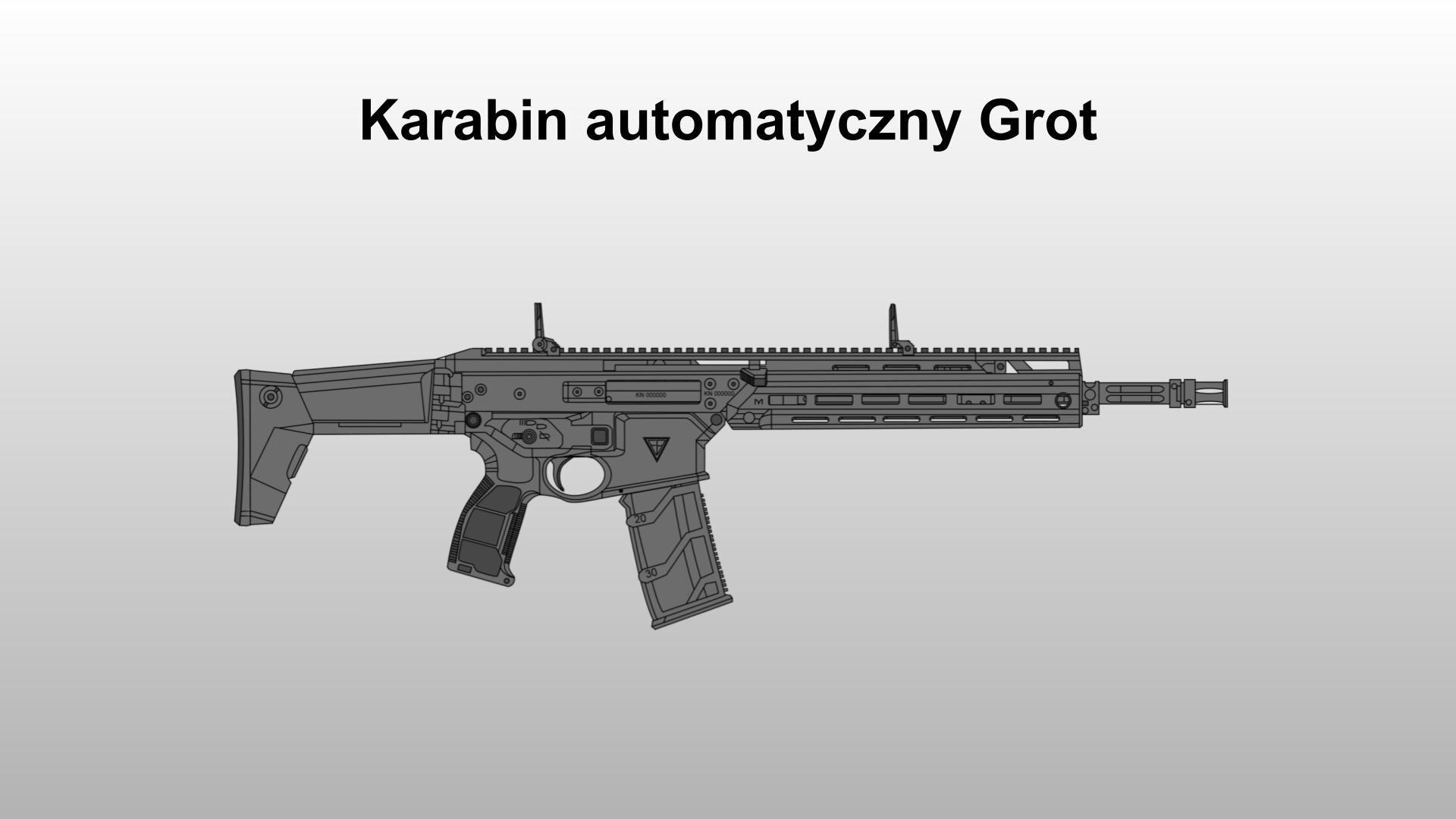 Jasnoszara plansza. U góry napis: „Karabin automatyczny Grot”. Poniżej rysunek szaro‑brązowego karabinu.