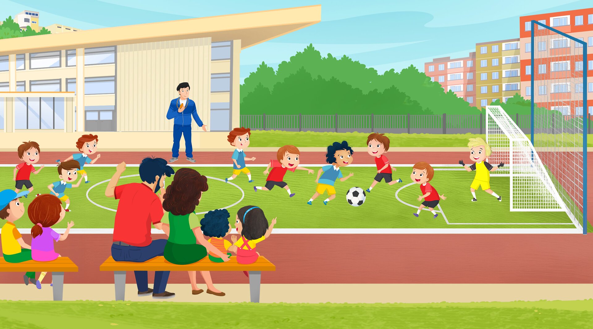 Ilustracja przedstawia dzieci grające w piłkę na boisku. Mecz oglądają rodzice i uczniowie. Sędziuje nauczyciel wychowania fizycznego.