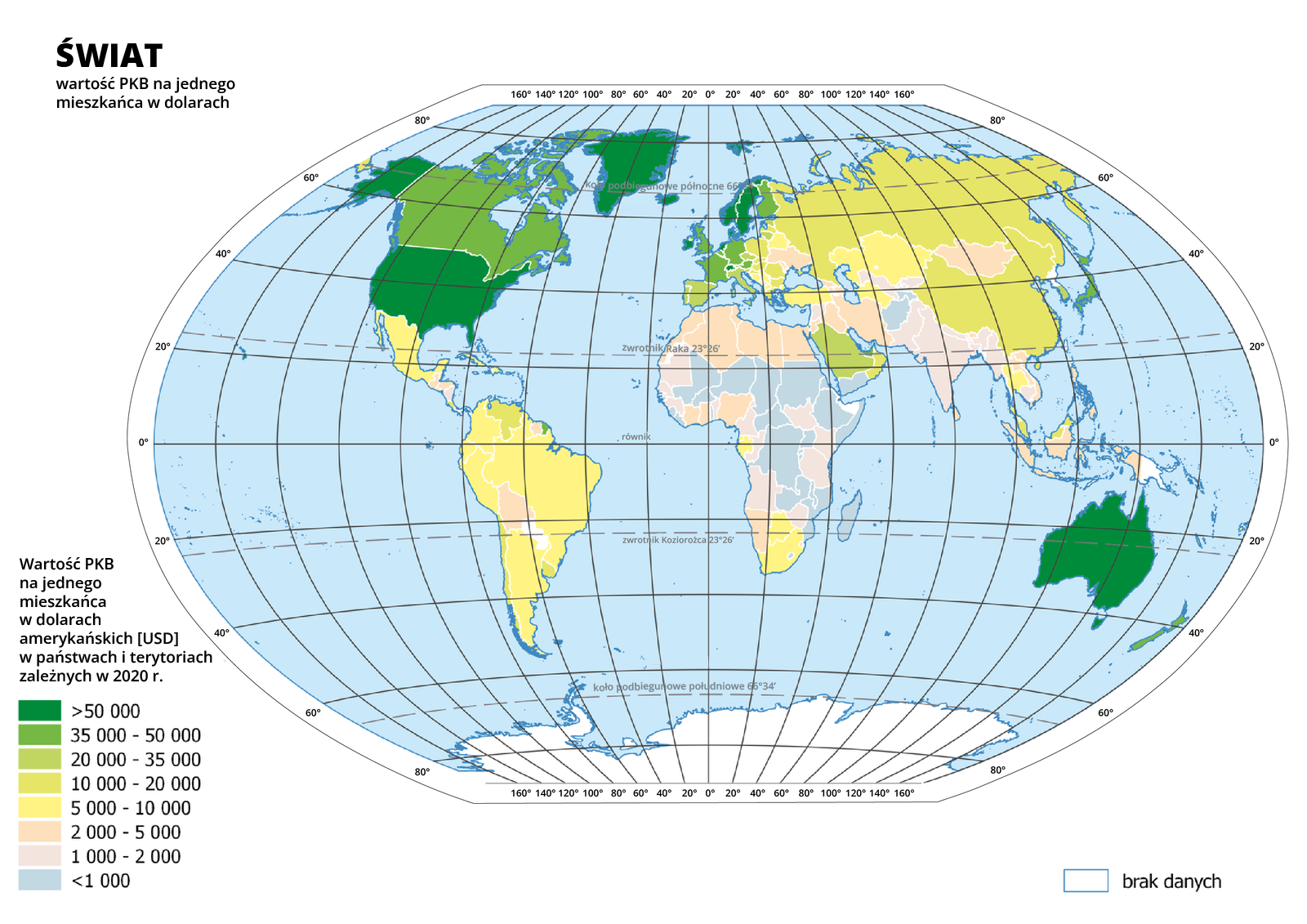 Ilustracja przedstawia mapę świata. Wody zaznaczono kolorem niebieskim. Na mapie za pomocą kolorów przedstawiono produkt krajowy brutto w dolarach amerykańskich na jednego mieszkańca w poszczególnych państwach i terytoriach zależnych w dwa tysiące dwudziestym roku.Kolor ciemnozielony obrazuje wielkość produktu krajowego brutto powyżej pięćdziesięciu tysięcy dolarów amerykańskich na jednego mieszkańca i występuje w Stanach Zjednoczonych, Australii, Szwecji, Danii, Norwegii, Irlandii, Szwajcarii, Holandii, Islandii.Jaśniejsze odcienie koloru zielonego (reprezentujące przedział od trzydziestu pięciu do pięćdziesięciu tysięcy dolarów) występują w Kanadzie, Wielkiej Brytanii, Francji, Belgii, Luksemburgu, Niemczech, Austrii, Finlandii, Japonii, Nowej Zelandii, Gujanie Francuskiej.Kraje mieszczące się w przedziale od dwudziestu do trzydziestu pięciu tysięcy: Portugalia, Hiszpania, Włochy, Czechy, Litwa, Arabia Saudyjska.Kraje w przedziale od dziesięciu do dwudziestu tysięcy: Wenezuela, Chile, Urugwaj, Polska, Słowacja, Czechy, Chorwacja, Węgry, Bułgaria, Rumunia, Rosja, Chiny, Malezja, Oman.Kraje w przedziale od pięciu do dziesięciu tysięcy: Meksyk, Kuba, Jamajka, Dominikana, Kolumbia, Ekwador, Peru, Brazylia, Panama, Argentyna, RPA, Botswana, Gabon, Turcja, Białoruś, Bośnia i Hercegowina, Serbia, Grecja, Kazachstan, Turkmenistan, Tajlandia.Kraje w przedziale od dwóch do pięciu tysięcy: Surinam, Gwatemala, Honduras, Boliwia, Ukraina, Mongolia, Irak, Iran, kraje Kaukazu, północnej Afryki, Jordania, Indonezja, Filipiny, Wietnam, Laos, Namibia, Wybrzeże Kości Słoniowej, Ghana, Nigeria.Kraje w przedziale od jednego do dwóch tysięcy: kraje południowej Azji (w tym Indie) oraz część krajów afrykańskich, głównie wzdłuż zachodniego i wschodniego wybrzeża kontynentu. Kraje centralnej Afryki, Madagaskar oraz Afganistan i Tadżykistan mają wartości PKB poniżej tysiąca. Dookoła mapy w białej ramce opisano wartości długości i szerokości geograficznej co 20 stopni. 