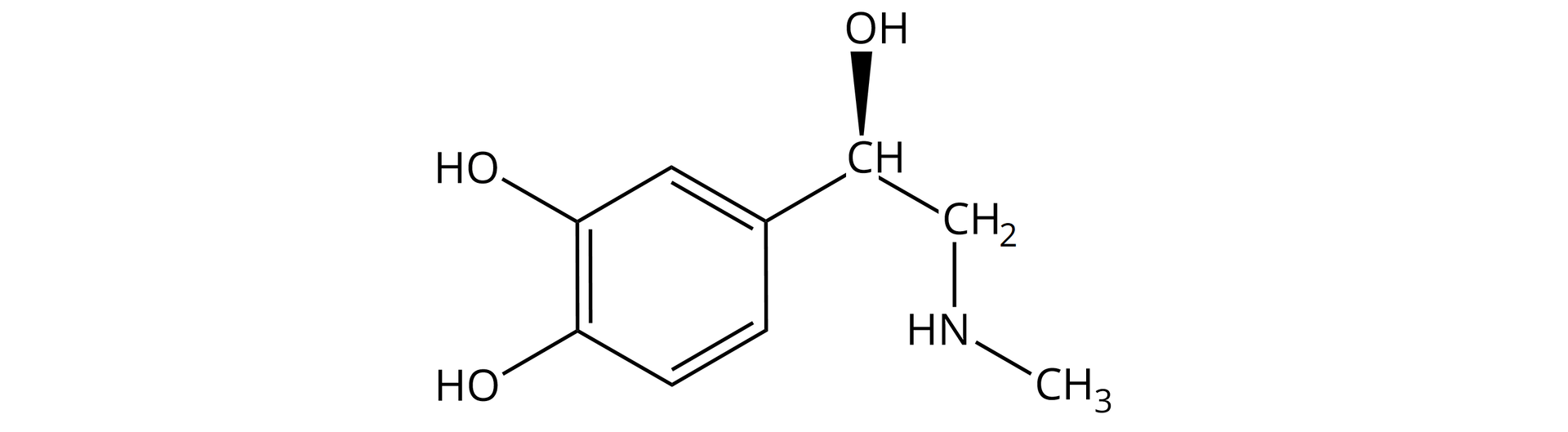 Ilustracja przedstawia wzór półstrukturalny adrenaliny. Do pierścienia sześcioczłonowego przyłączono dwie grupy OH w pozycjach trzy i cztery oraz w pozycji jeden łańcuch CHOH—CH2—NH—CH3.