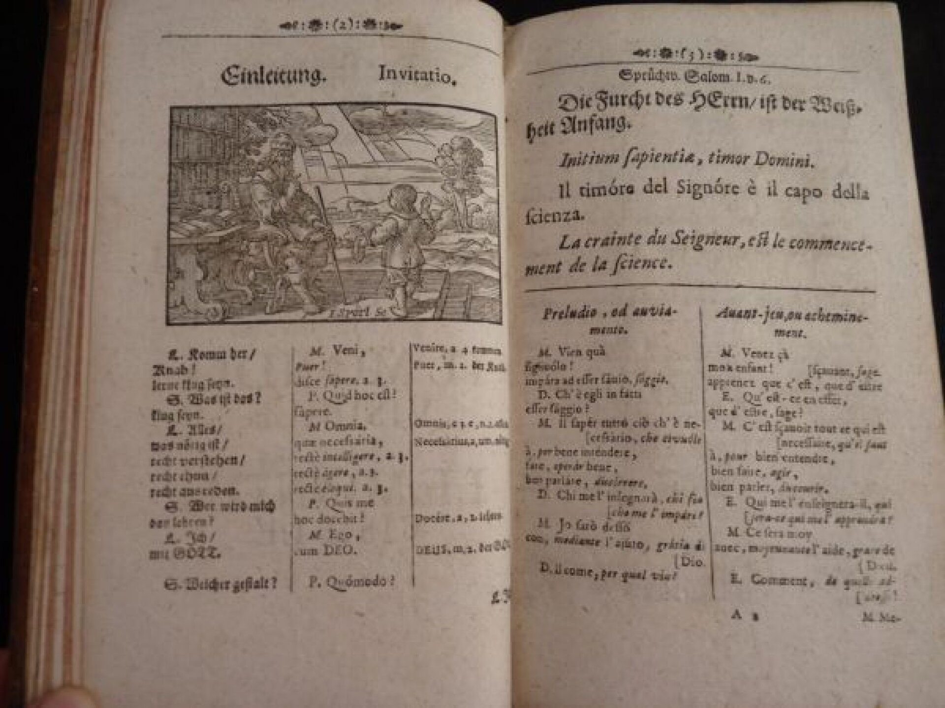 Ilustracja przedstawia dwie strony podręcznika „Orbis Pictus” autorstwa John'a Amos'a Comenius'a. W pierwszej wersji książka została opublikowana w dwóch językach: łacińskim i niemieckim.
