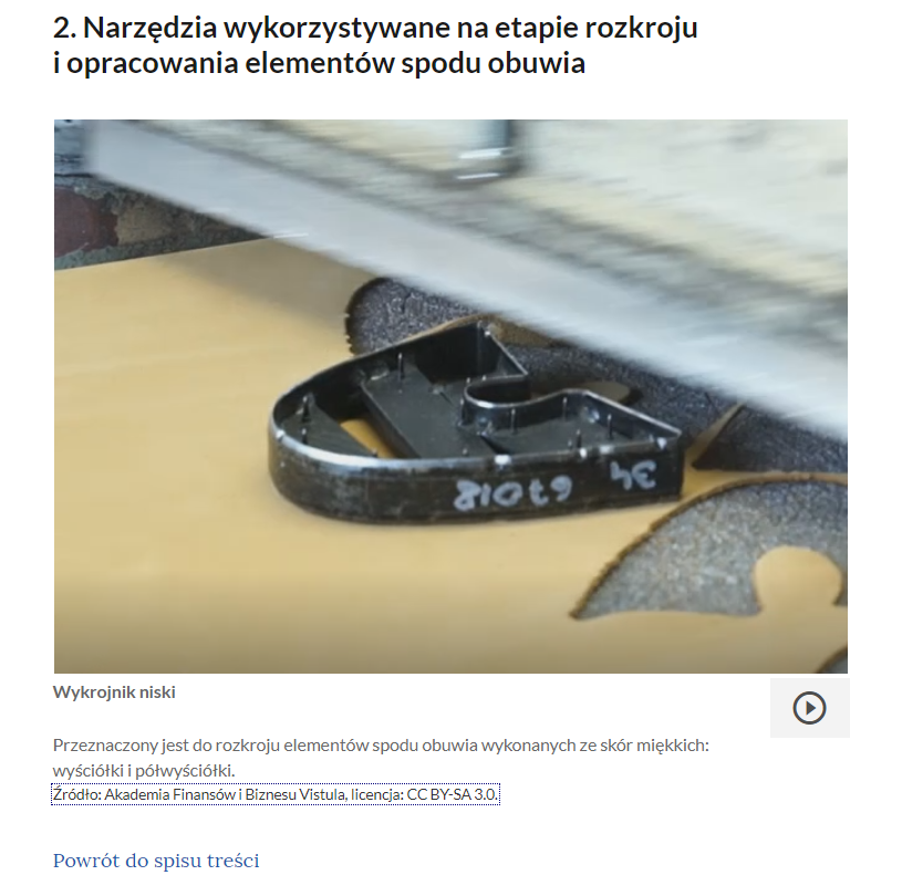 Grafika przedstawia przykładowy widok na element znajdujący się w galerii grafik. W górnej części nagłówek: 2. Narzędzia wykorzystywane na etapie rozkroju i opracowania elementow spodu obuwia. Poniżej zdjęcie wykrojnika niskiego z podpisem. W prawym dolnym rogu przycisk w formie trójkąta w kole służący do odtworzenia nagrania lektorskiego.