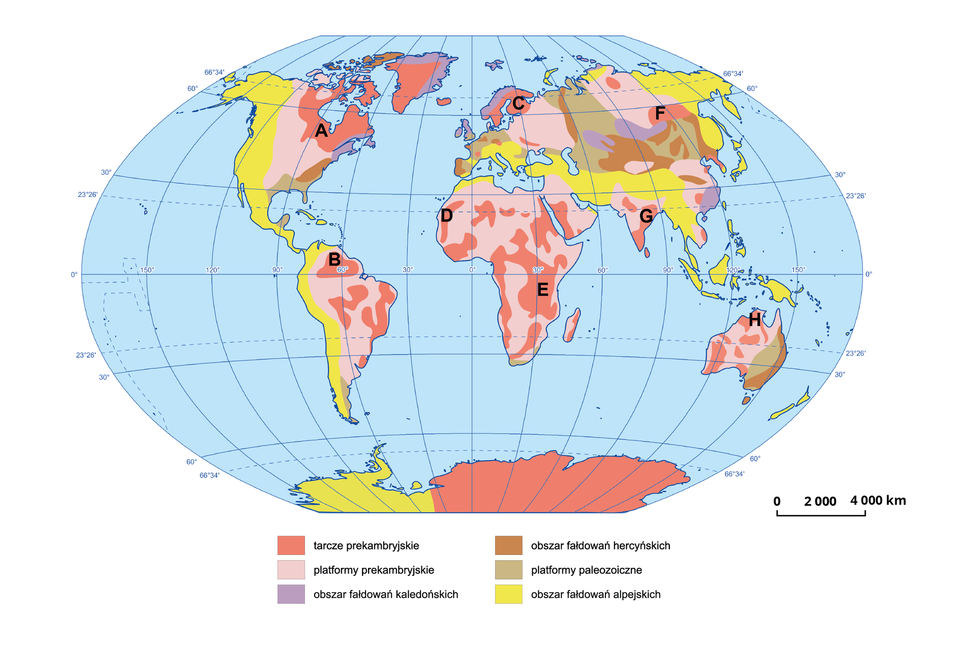 Mapa świata przedstawia struktury geologiczne. Tarcze prekambryjskie znajdują się w północno wschodniej Ameryce Północnej, we wschodniej Ameryce Południowej, we wschodniej Antarktydzie, w całej Afryce, w krajach skandynawskich, w zachodniej Australii. Platformy prekambryjskie znajdują się w środkowej Ameryce Północnej, wschodniej Ameryce Południowej, całej Afryce, wschodniej Europie, na Półwyspie Arabskim, w Indiach, wschodniej Australii. Obszar fałdowań kaledońskich znajduje się na północy Grenlandii, północy Europy oraz na wschodzie Chin. Obszar fałdowań hercyńskich występuje we wschodniej Ameryce Północnej, zachodniej Europie, środkowej Azji, wschodniej Australii. Platformy paleozoiczne znajdują się we wschodniej Ameryce Północnej, północnej Europie w części kontynentalnej, środkowej Azji, wschodniej Australii. Obszary fałdowań alpejskich znajdują się na zachodzie Ameryki Północnej i Południowej, zachodniej Antarktydzie, południowej Europie, południowej, południowo wschodniej i północno wschodniej Azji. Punkt A znajduje się w północno wschodniej Ameryce Północnej. Punkt B znajduje się w północnej Ameryce Południowej. Punkt C znajduje się w Finlandii. Punkt D znajduje się w północno zachodniej Afryce. Punkt E znajduje się we wschodniej Afryce. Punkt F znajduje się w północno wschodniej Azji. Punkt G znajduje się we wschodnich Indiach. Punkt H znajduje się w północnej Australii.