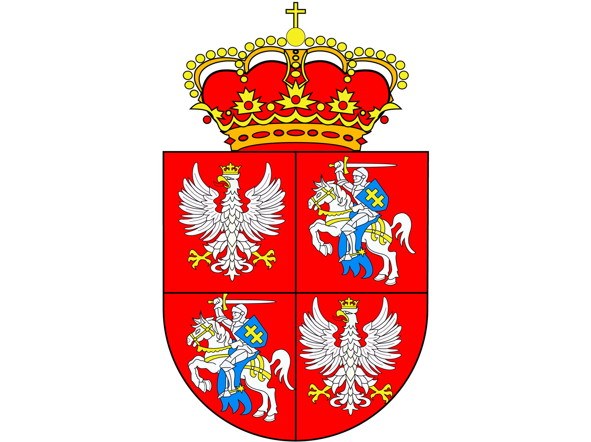 Ilustracja przedstawiająca Herb Rzeczypospolitej Obojga Narodów. Składa się z połączenia herbów Królestwa Polski i Królestwa Litwy. Polska częśc to biały orzeł w koronie. Litewska to tzw. pogoń, czyli jeździec z tarczą i mieczem, dosiadający białego konia. Całośc herbu jest na czerownym tle.