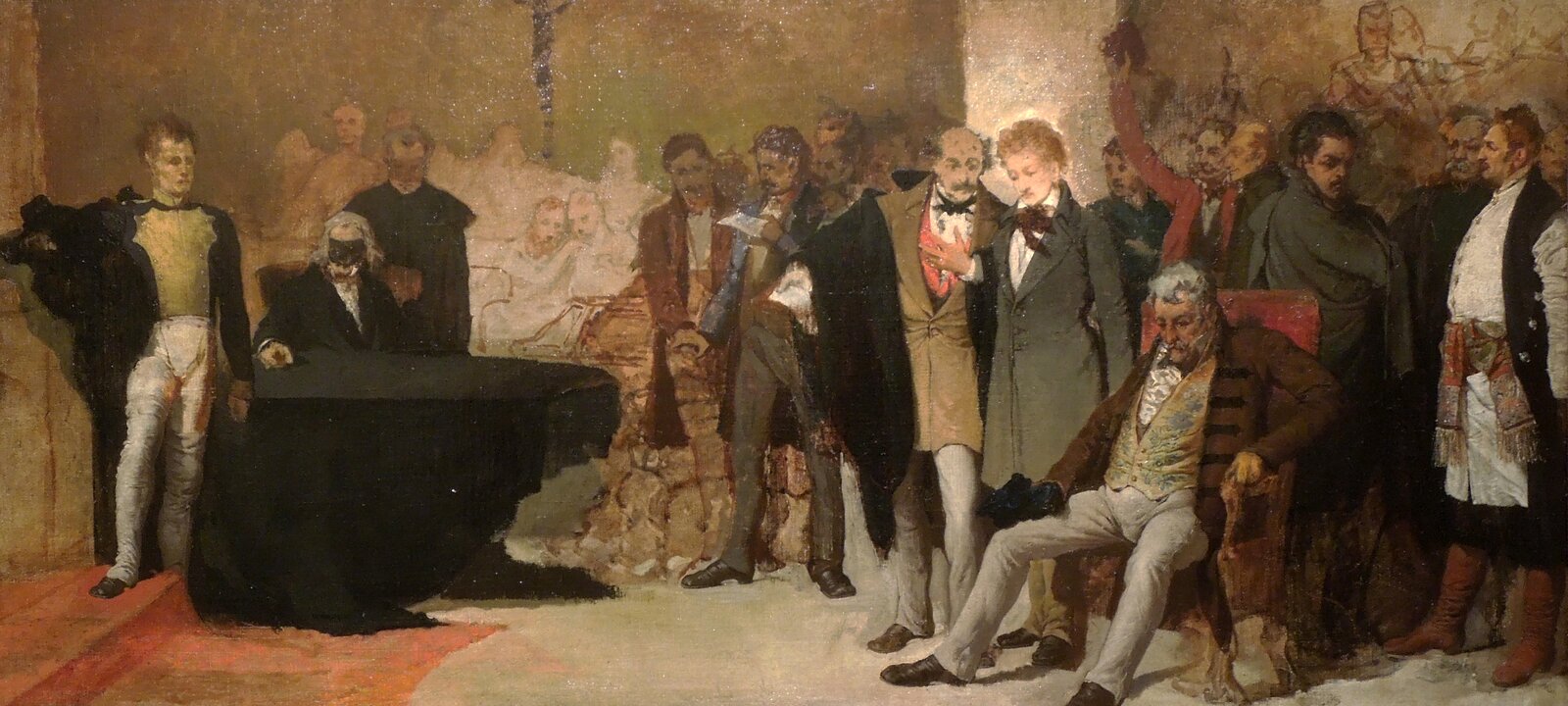 Obraz przedstawia jedną ze scen z dramatu Kordian Juliusza Słowackiego. To zebranie mężczyzn, spiskujących przeciwko władzy carskiej w podziemiach katedry świętego Jana w Warszawie. Mężczyźni, skupieni w niewielkich grupach toczą ze sobą rozmowy. W lewej części obrazu za ołtarzem siedzi siwowłosy mężczyzna, ma zawiązane oczy.