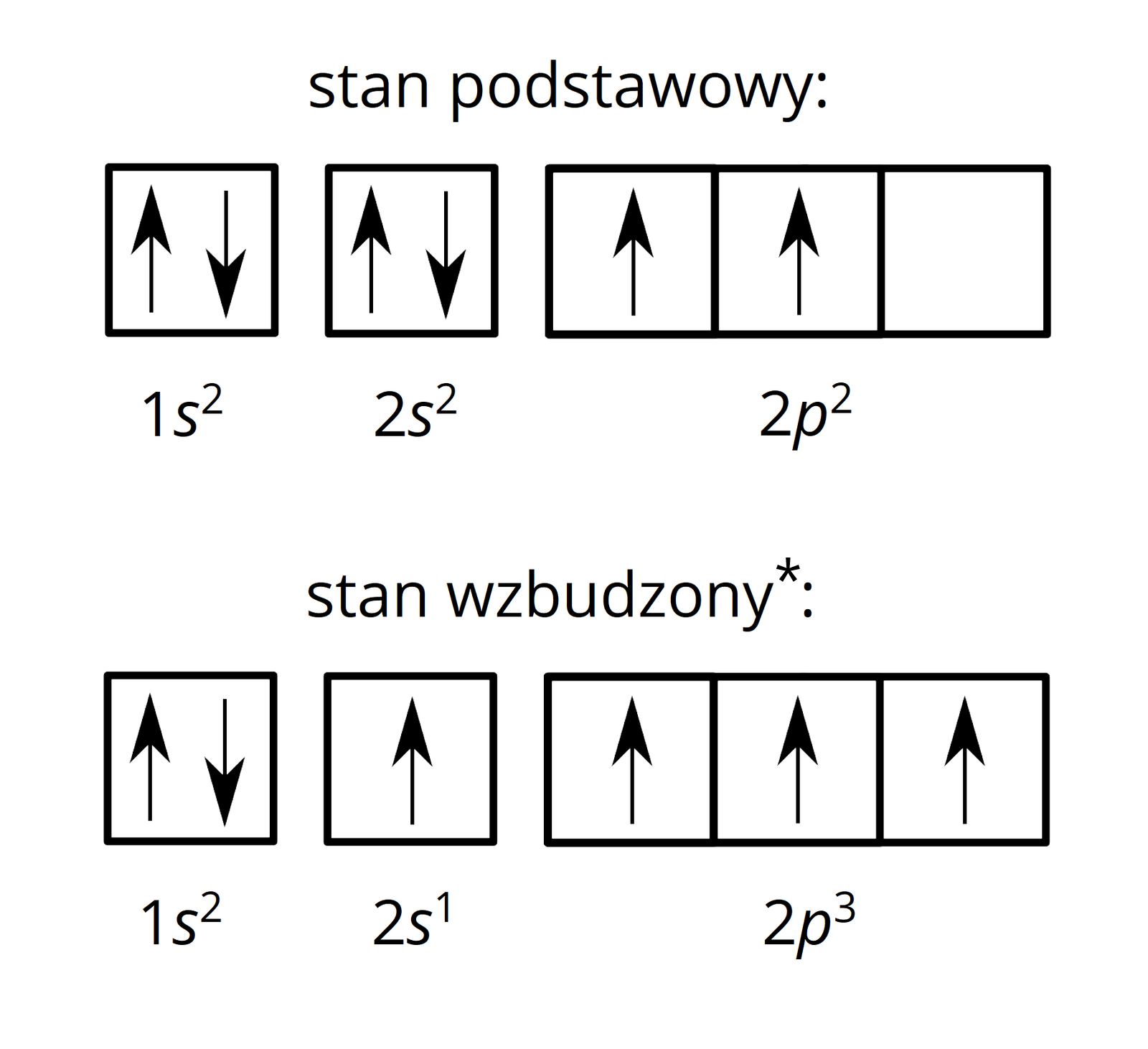 Ilustracja przedstawia klatkowy zapis konfiguracji elektronowej w stanie podstawowym i wzbudzonym. Zapis klatkowy w stanie podstawowym. Na podpowłoce 1s2  jest para elektronów, na podpowłoce 2s2 jest para elektronów, na podpowłoce 2p2 dwie pierwsze klatki mają po jednym elektronie, ostatnia klatka jest pusta. Zapis klatkowy, stan wzbudzony. Na podpowłoce  1s2  jest para elektronów. Na podpowłoce 1s1 jest jeden elektron. Na podpowłoce 2p3 w trzech klatkach jest po jednym elektronie. 