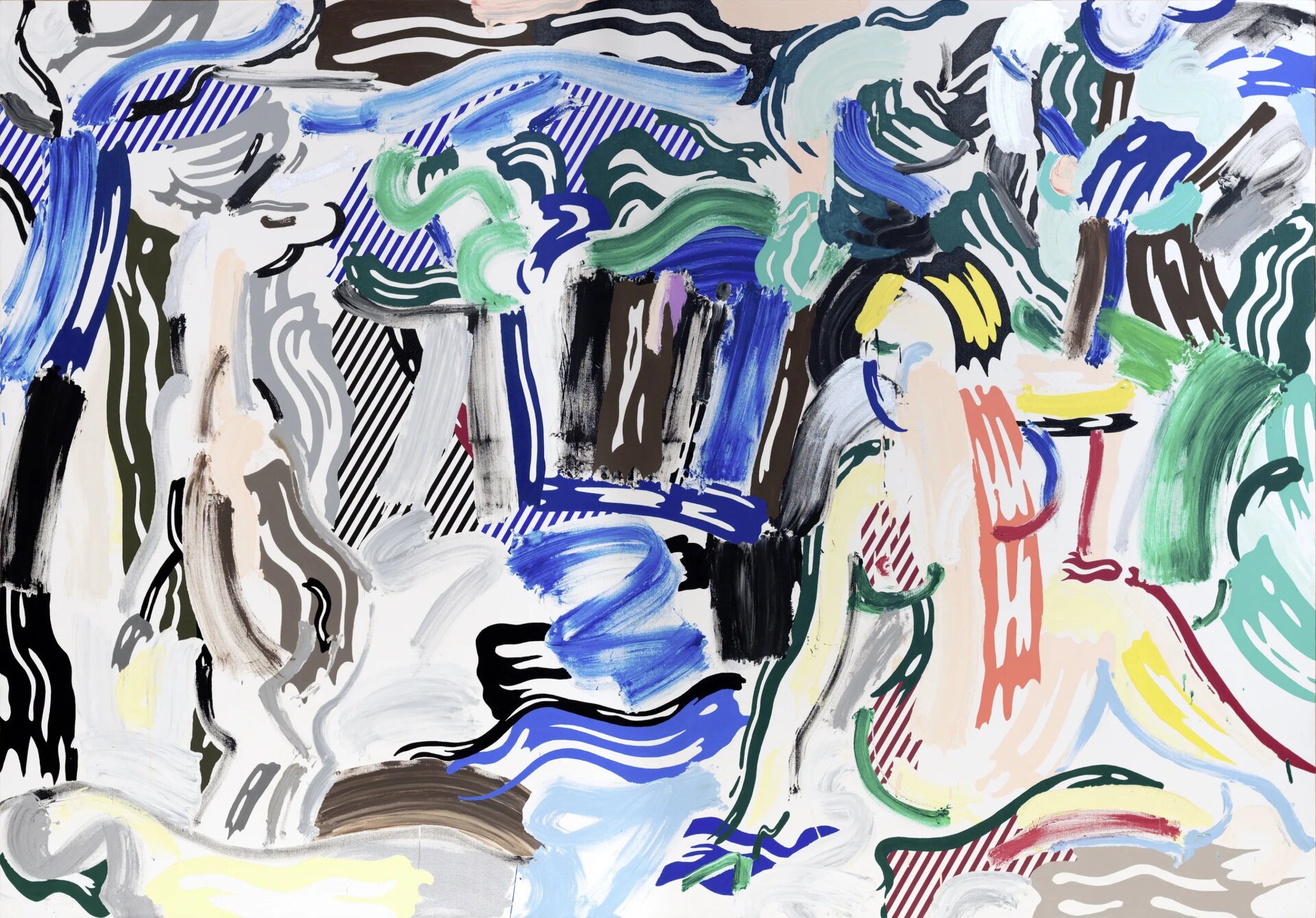 Roy Lichtenstein, „Artemida i Aceton” Obraz przedstawia kompozycję składająca się z asymetrycznych, nieregularnych linii tworzących kontury oraz wypełnienie. Tło stanowią szare, niebieskie, zielone oraz czarne linie przypominające zachmurzone niebo oraz drzewa, natomiast z przodu ukazano kontury siedzącej kobiecej postaci z widocznymi krągłościami oraz o blond włosach. Jej sylwetka pozbawiona jest szczegółów. Z lewej strony umieszczono szary kontur przypominający inną pionową postać. Dominuje kolor niebieski oraz szary, a użyte linie są różnej grubości oraz długości.