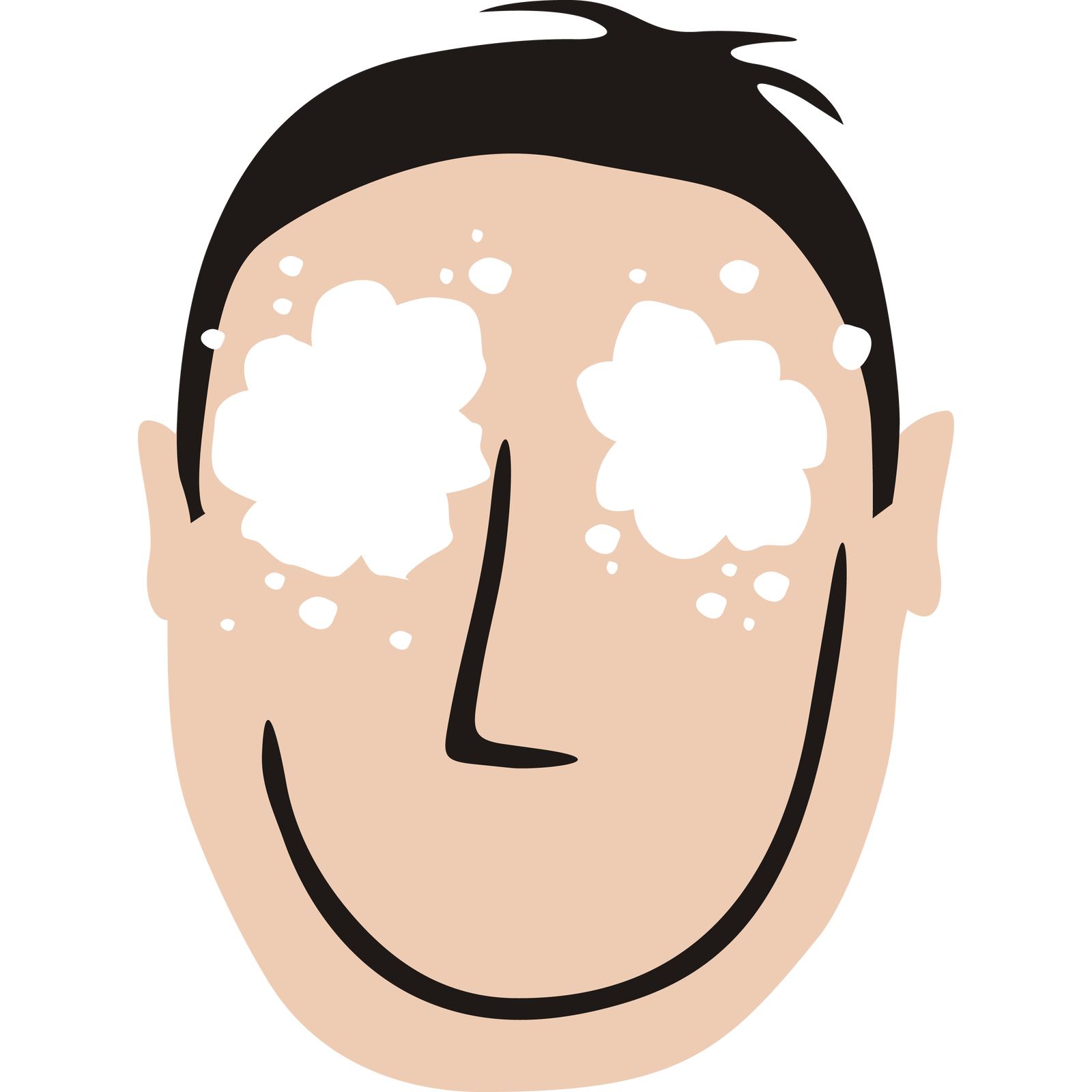 Kolorowa ilustracja przedstawia głowę człowieka. Oczy pokrywa warstwa piany (mydlin).