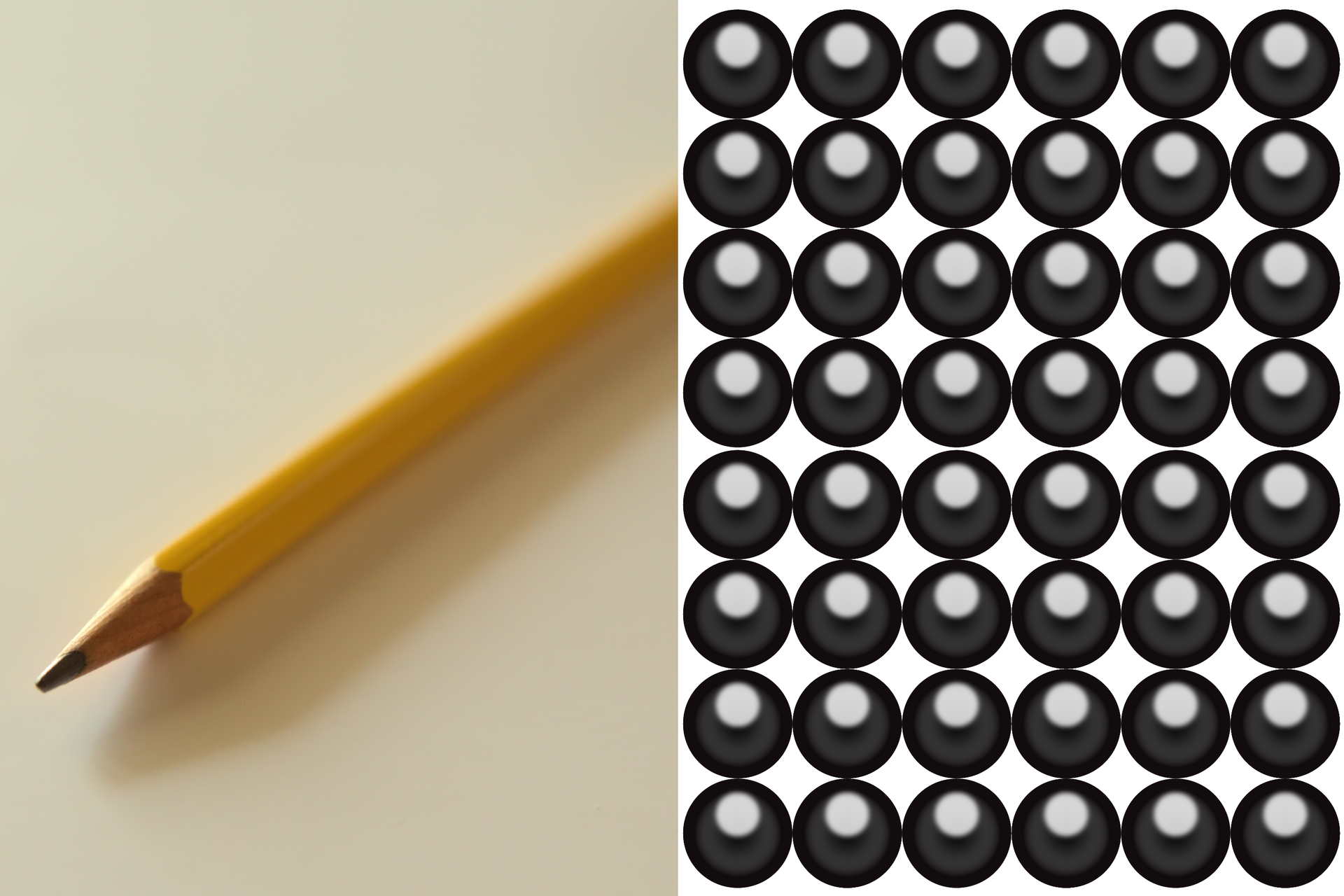 Na drugiej ilustracji widoczny jest ołówek z grafitowym rysikiem, a obok – czarne atomy węgla ułożone w równomiernych rzędach.
