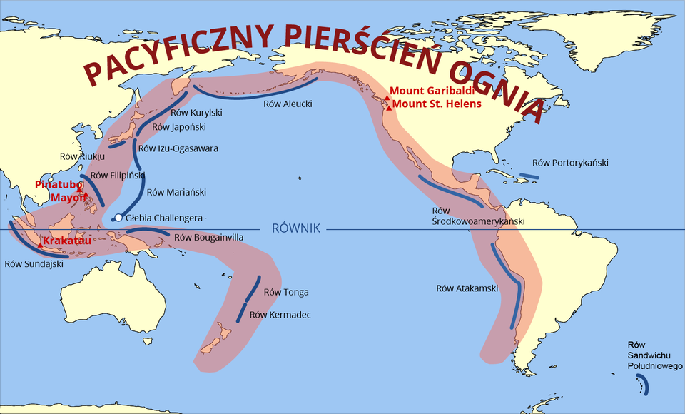 Na mapie świata zaznaczono Pacyficzny Pierścień Ognia - to strefa częstych trzęsień ziemi i erupcji wulkanicznych, złożona z pasu rowów oceanicznych, łuków wyspowych i aktywnych wulkanów, która otacza niemal nieprzerwanie Ocean Spokojny. Należą do niego:  Rów Kermadec, Rów Tonga, Rów Bougainvilla, Rów Challengera. Rów Mariański, Rów Filipiński, Rów Izu‑Ogaswara, Rów japoński, Rów Kuryslki, Rów Aleucki, Rów Środkowoamerykański, Rów Atakamski. Na mapie zaznaczono następujące wulkany należące do Pacyficznego Pierścienia Ognia: Krakatau w Indonezji, Pinatubo, Mayon,  Mount Garibaldi i  Mount Saint Helens w Kanadzie.      