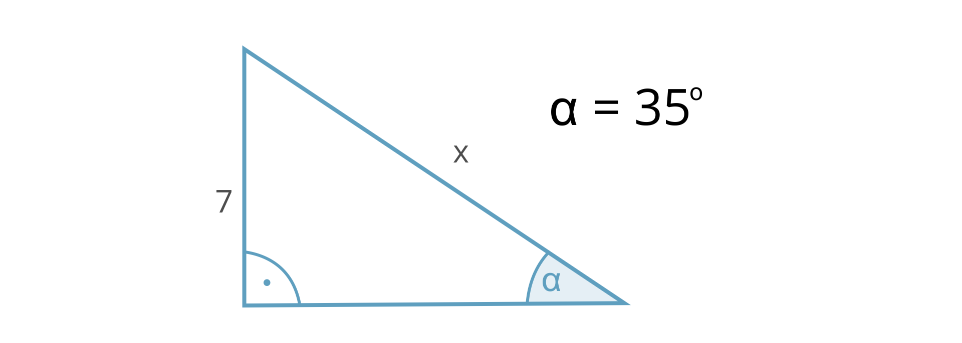 Na rysunku przedstawiony jest trójkąt prostokątny o przyprostokątnej równej siedem, przeciwprostokątnej x. Kąt ostry nie przylegający do przyprostokątnej o długości 7 oznaczony jest literą alfa i równy jest 35 stopni.