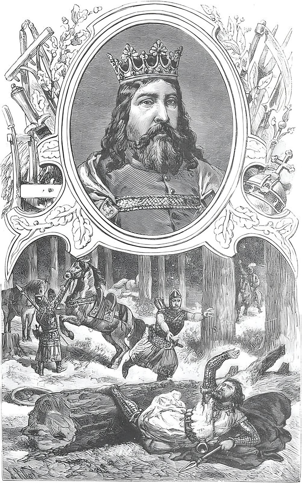 Ilustracja przedstawia portret w górnej części grafiki i scenę rodzajową u dołu. U góry sylwetka mężczyzny z gęstą brodą i długimi włosami, patrzącego na wprost widza. Na głowie nosi koronę z płytami w kształcie liści, wysadzaną guzkami i kamieniami. Pod szyją król nosi zapiętą szatę, na ramionach płaszcz spięty klamrą na wysokości klatki piersiowej. Popiersie ujęte jest w otok medalionu. Poniżej scena rodzajowa - upadek króla i złamanie nogi o połamany pień drzewa. Król leży przy pniu, nosi płaszcz i zbroję, prawa ręka uniesiona ku górze, lewa noga nienaturalnie wykrzywiona do boku na pniu. Za nim w stronę króla biegnie rycerz w pancerzu i szacie z kołczanem strzał, wyciągając ku królowi ręce. Drugi z rycerzy, bliżej lewej strony, łapie za uzdę spłoszonego, osiodłanego konia. Drugi z koni stoi bliżej lewej krawędzi grafiki. W tle gęsty las i jeździec po prawej stronie zmierzający ku centrum.