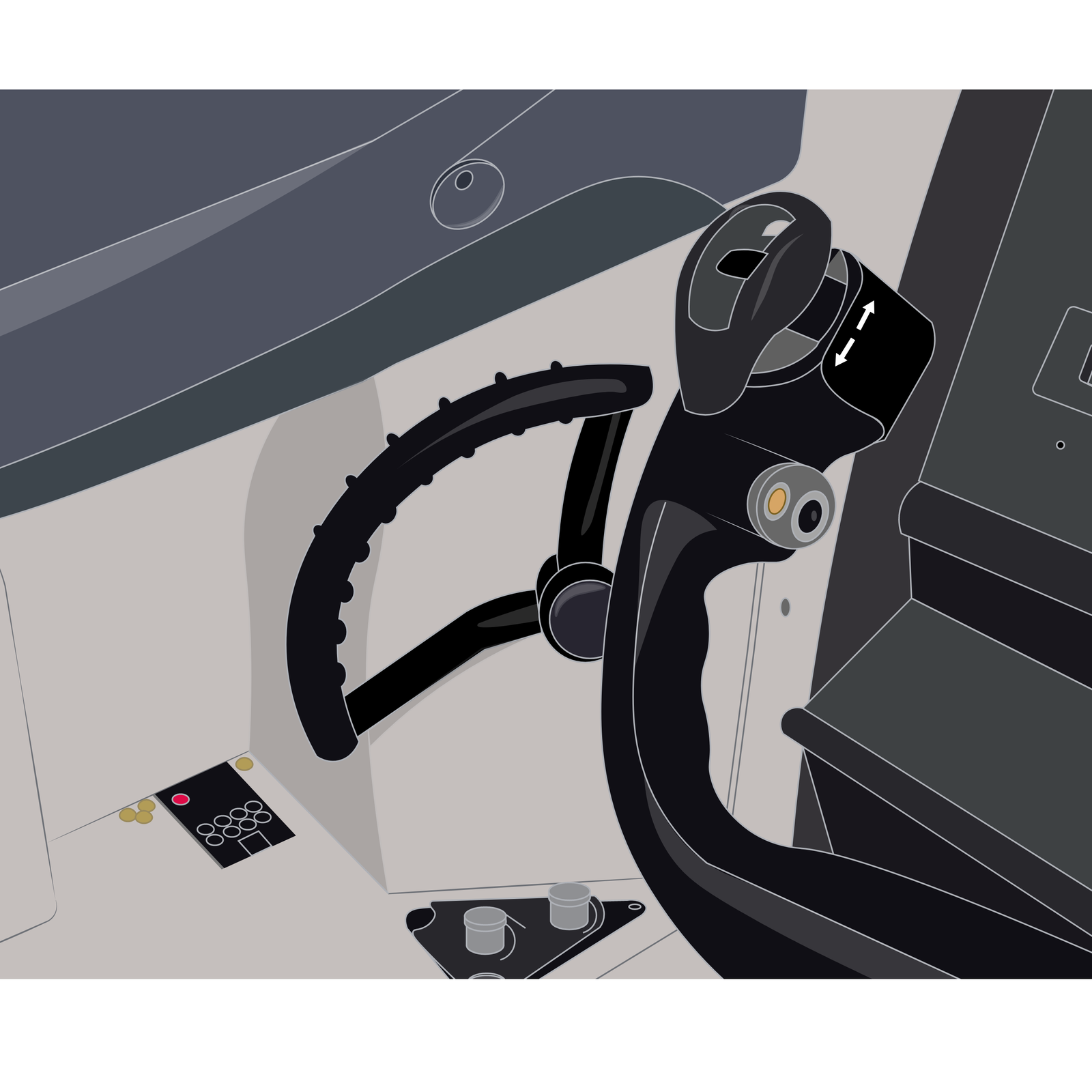 Na obrazku widzimy półkole sterujące przednim kołem, umieszczonego wewnątrz kokpitu na lewej ścianie. Na jego budowę składa się krążek przytwierdzony do ściany, z którego wychodzą dwa ramiona tworzące kąt o około sześćdziesięciu stopniach. Te ramiona łączy okrągły uchwyt. Po prawej stronie półkola sterującego widzimy drążek sterowniczy przedniego koła.