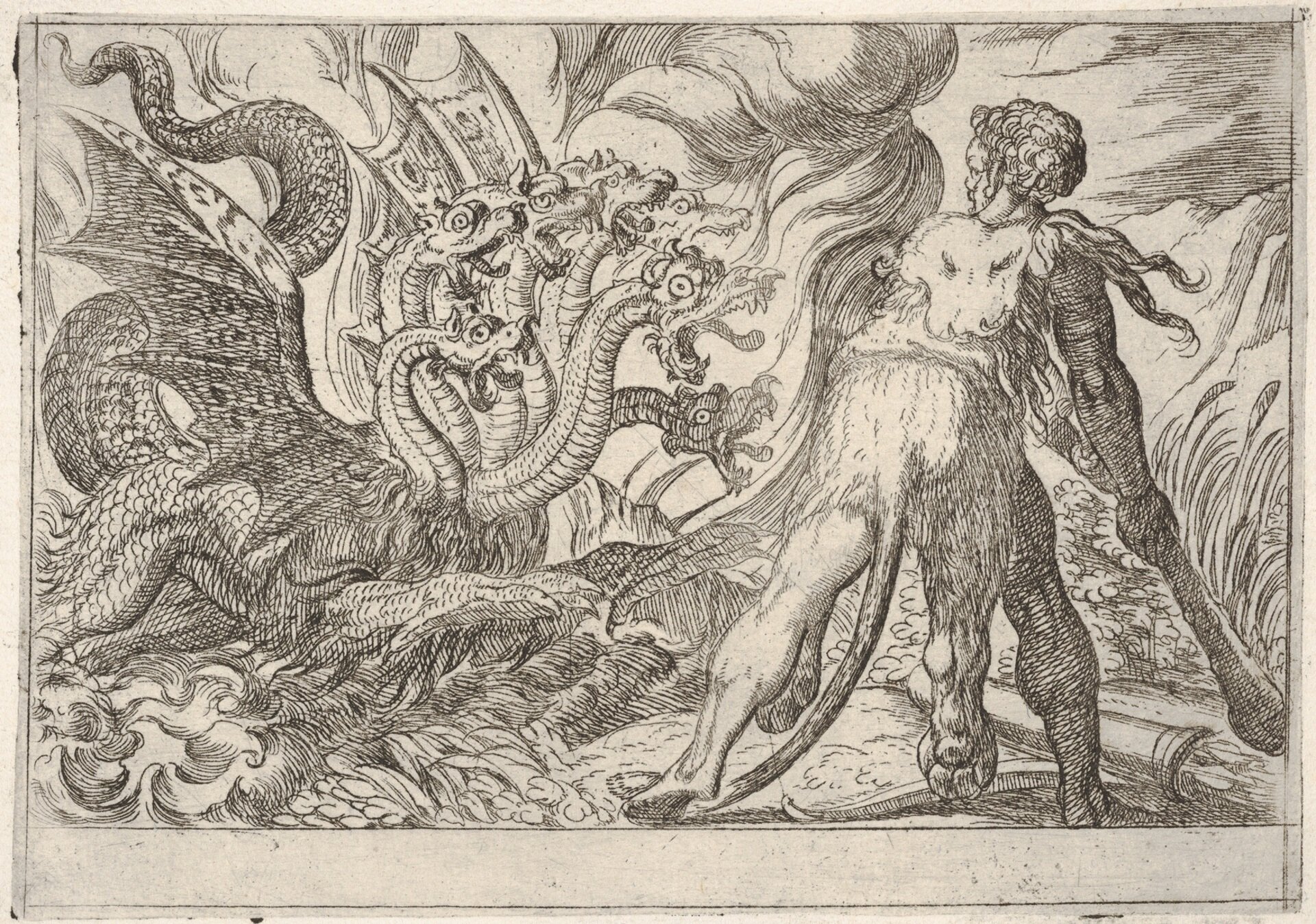 Ilustracja przedstawia pracę Antonio Tempesta pod tytułem „Herkules i Hydra Lemejska”. Scena ukazuje walkę herosa ubranego w skórę lwa, o atletycznej budowie ciała, który walczy z hydrą – wielkim stworem przypominającym smoka. Hydra próbuje zaatakować herosa. W tle widoczne są chmury, oraz morskie fale. 