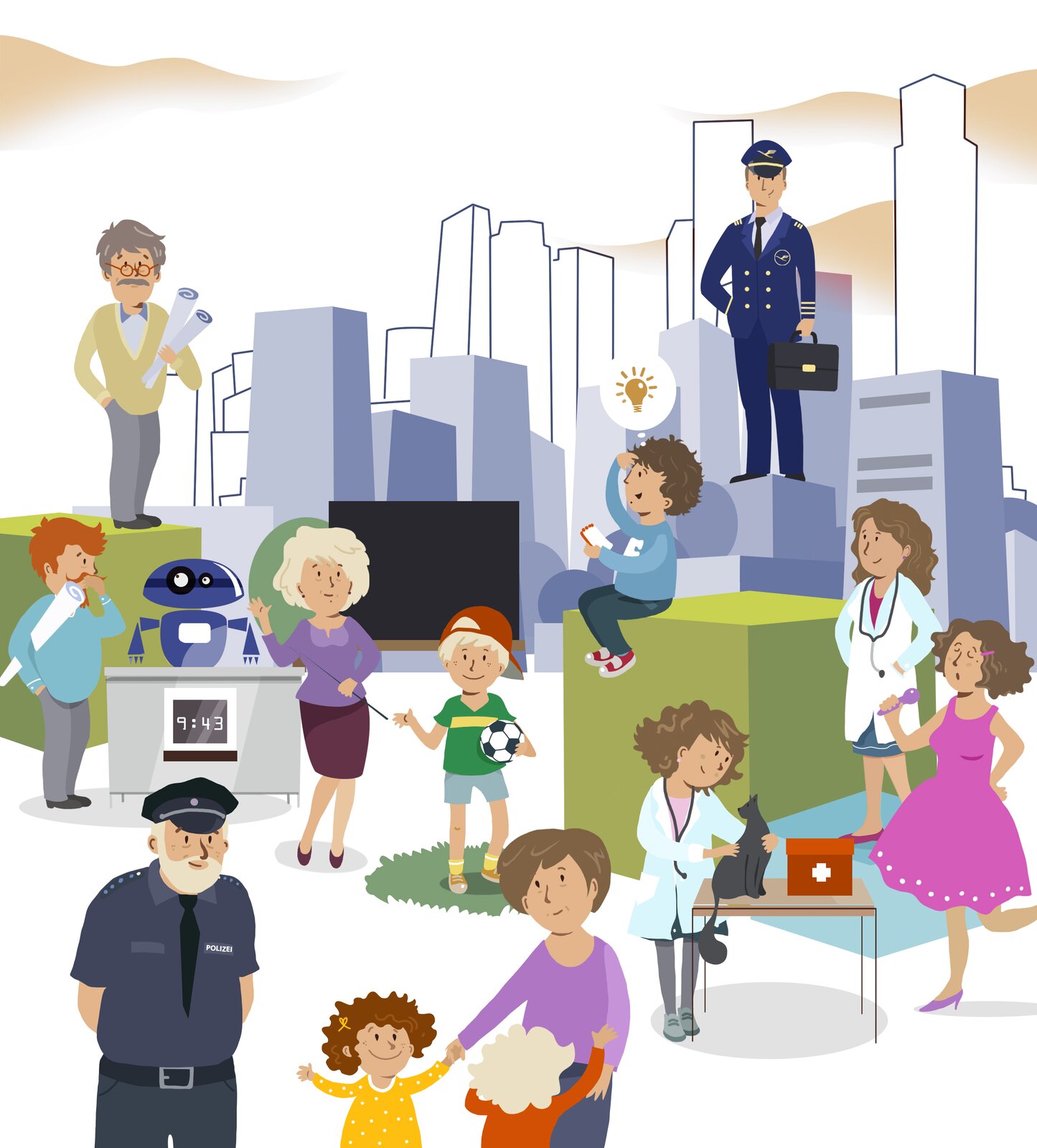 Grafika przedstawia mężczyzn, kobiety i dzieci w różnym wieku. Wszyscy posiadają atrybuty związane z wykonywanym zawodem. Są to członkowie rodziny Fabiana. Matka Fabiana (Leoni) jest lekarzem. Ma na sobie biały fartuch i stetoskop na szyi. Jego ojciec, (Paul) jest pilotem. Ubrany jest w mundur i czapkę. Babcia (Sabine) jest przedszkolanką. Trzyma za ręce dwoje małych dzieci. Dziadek Tomasz jest inżynierem. Trzyma zwinięte bruliony. Babcia Klaudia jest nauczycielką. Za jej plecami widoczna jest tablica szkolna. Dziadek (Andreas) jest policjantem. Nosi mundur i czapkę. Wujek (Stefan)  jest technikiem mechatronikiem. Trzyma zwinięte bruliony i spogląda w stronę modelu robota. Ciocia Klaudia jest piosenkarką. W ręku trzyma mikrofon. Fabian)  chciałby zostać zawodowym piłkarzem. Stoi na murawie, w ręku trzyma piłkę. Jego siostra Emma)  chciałaby pracować jako lekarz weterynarii. Ma na sobie fartuch i stetoskop głaszcze kota. Kolega Fabiana, który ma na imię (Felix), chce zostać wynalazcą. Nad jego głową widoczny jest dymek z rysunkiem żarówki.