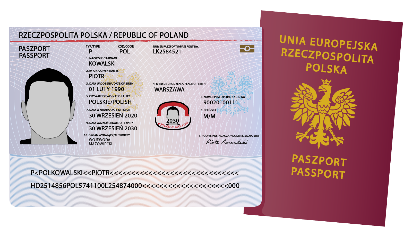 Zdjęcie przedstawia przykładowy paszport. Po prawej widoczna jest strona paszportu z danymi i ze schematycznie przedstawionym zdjęciem po lewej stronie. Po prawej stronie widoczna jest czerwona okładka paszportu z napisem Unia Europejska Rzeczpospolita Polska, poniżej godło Polski, a poniżej napis Paszport i Passport w języku angielskim. 