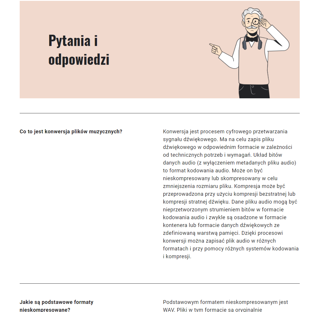 Grafika przedstawia panel zatytułowany Pytania i Odpowiedzi, który zawiera listę najczęściej zadawanych pytań oraz odpowiedzi do nich. Na grafice widać również element dekoracyjny w formie narysowanej postaci nauczyciela umieszczonego na prawo od tytułu panelu. 