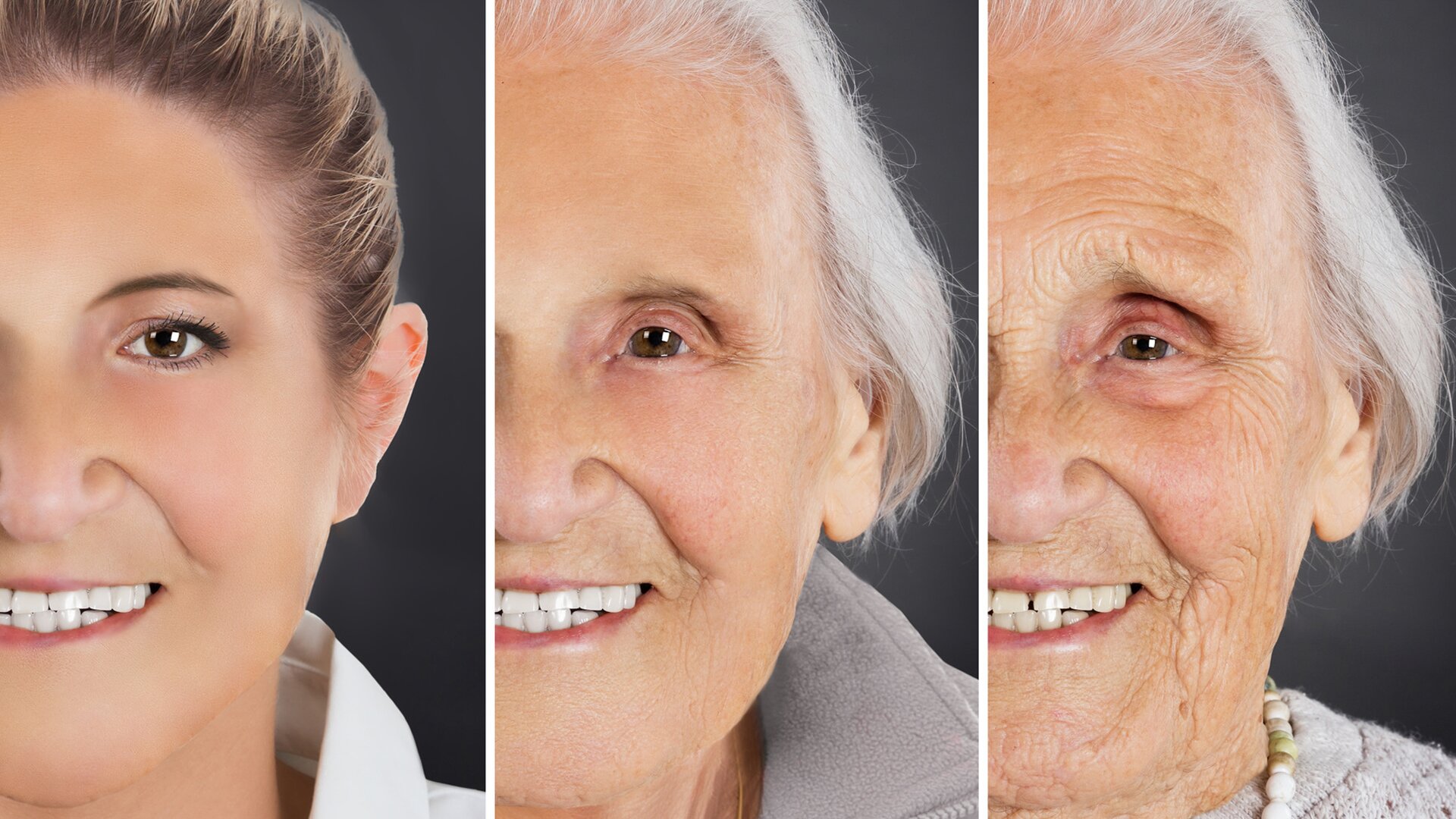 Ilustracja przedstawia trzy fotografie ułożone w pionie obok siebie. Fotografie pokazują jak z wiekiem zmienia się wygląd skóry. Zdjęcia przedstawiają fragmenty twarzy tej samej kobiety wykonane w różnym wieku. Na zdjęciu pierwszym od lewej widzimy twarz młodej kobiety. Ma ciemne zaczesane do tyłu włosy i gładką skórę. Zdjęcie środkowe przedstawia uśmiechniętą twarz tej samej osoby ale w średnim wieku. Ma siwe włosy i na twarzy widoczne są zmarszczki w kącikach oczu i ust. Zdjęcie trzecie od lewej przedstawia tę samą kobietę ale znacznie starszą. Na uśmiechniętej twarzy widoczne są głębokie zmarszczki.