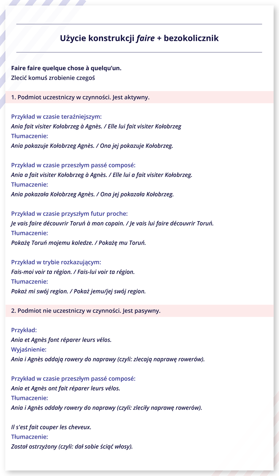 Grafika zatytułowana jest: Użycie konstrukcji faire plus bezokolicznik i zawiera informacje tekstowe. Faire faire quelque chose à quelqu'un. Zlecić komuś zrobienie czegoś 1. Podmiot uczestniczy w czynności. Jest aktywny. Przykład w czasie teraźniejszym: Ania fait visiter Kołobrzeg à Agnès. / Elle lui fait visiter Kołobrzeg Tłumaczenie: Ania pokazuje Kołobrzeg Agnès. / Ona jej pokazuje Kołobrzeg. Przykład w czasie przeszłym passé composé: Ania a fait visiterKołobrzeg à Agnès. / Elle lui a fait visiter Kołobrzeg. Tłumaczenie: Ania pokazała Kołobrzeg Agnès. / Ona jej pokazała Kołobrzeg. Przykład w czasie przyszłym futur proche: Je vais faire découvrir Toruń à mon copain. / Je vais lui faire découvrir Toruń. Tłumaczenie: Pokażę Toruń mojemu koledze. / Pokażę mu Toruń. Przykład w trybie rozkazującym: Fais‑moi voir ta région. / Fais‑lui voir ta région. Tłumaczenie: Pokaż mi swój region. / Pokaż jemu/jej swój region. 2. Podmiot nie uczestniczy w czynności. Jest pasywny. Przykład: Ania et Agnès font réparer leurs vélos. Wyjaśnienie: Ania i Agnès oddają rowery do naprawy (czyli: zlecają naprawę rowerów). Przykład w czasie przeszłym passé composé: Ania et Agnès ont fait réparer leurs vélos. Tłumaczenie: Ania i Agnès oddały rowery do naprawy (czyli: zleciły naprawę rowerów). Il s'est fait couper les cheveux. Tłumaczenie: Został ostrzyżony (czyli: dał sobie ściąć włosy).