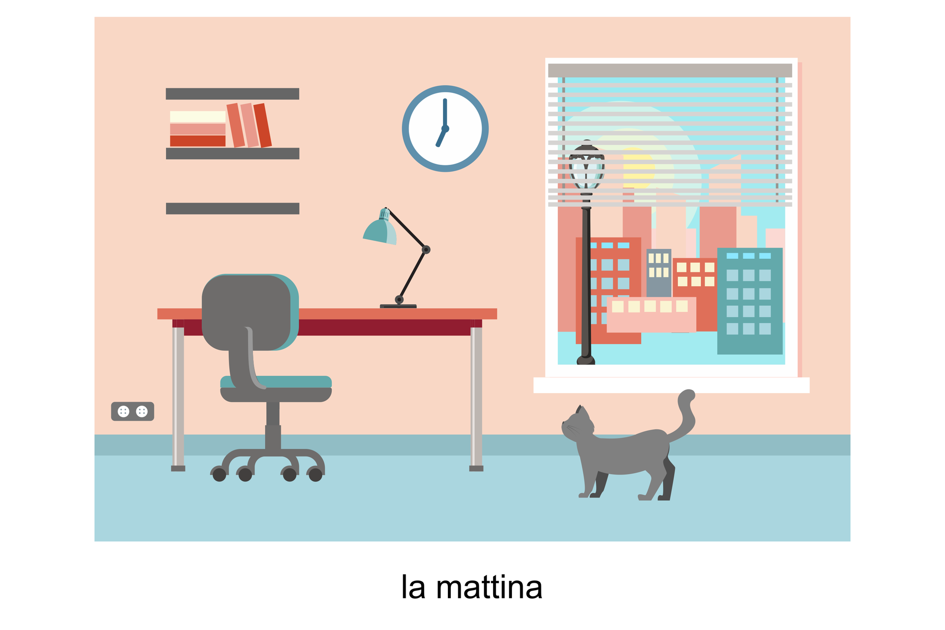 Rysunek przedstawia pokój z dużym oknem. Po lewej stronie stoi biurko i krzesło. Zegar pokazuje godzinę siódmą. Za oknem widoczne jest wschodzące słońce. 