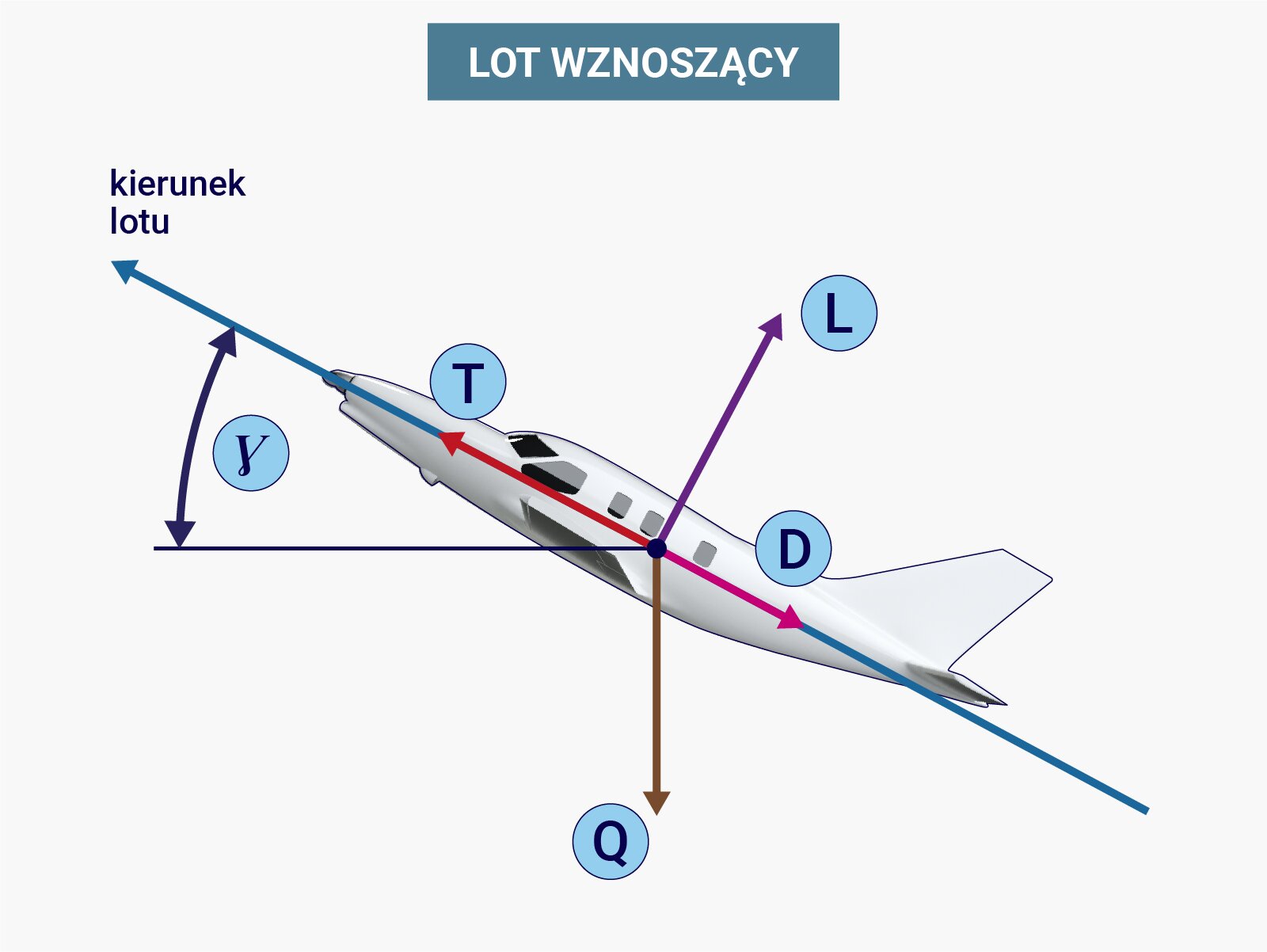 Ilustracja przedstawia lot wznoszący samolotu. Schematycznie ukazano samolot, którego przód znajduje się po lewej stronie u góry na rysunku, zaś tył u dołu po prawej stronie. W kierunku obserwatora skierowane jest lewe skrzydło. Zaznaczono wektory opisane jako kierunek lotu, co reprezentuje ukośna strzałka skierowana do góry w lewą stronę od środka ciężkości samolotu, częściowo pokrywająca się z nią strzałka odpowiadająca ciągowi samolotu. Dalej reprezentowany przez ukośną strzałkę skierowaną w dół w prawą stronę opór samolotu D oraz ciężar Q, któremu odpowiada strzałka skierowana w dół. Ponadto na rysunku zaznaczono wektor reprezentowany przez strzałkę wychodzącą ze środka ciężkości i skierowaną po skosie do góry w prawo, to jest prostopadle, między innymi do ciągu i oporu. Zaznaczono również kąt gamma znajdujący się pomiędzy wektorem wyznaczającym kierunek lotu oraz poziomą linią przechodzącą przez środek ciężkości samolotu. W tym przypadku opór jest mniejszy niż ciąg.