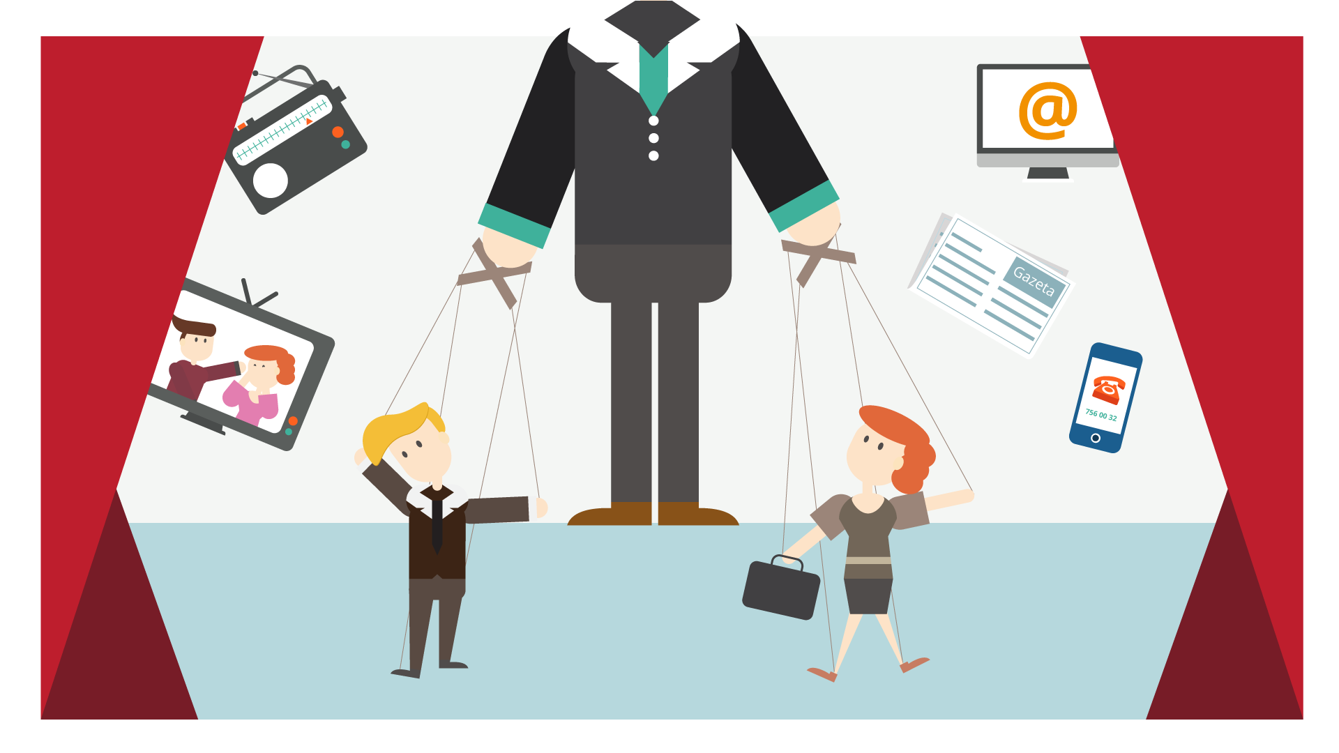 Na ilustracji, w samym centrum, umiejscowiona jest duża postać ubrana w garnitur, która symbolizuje media. Poniżej po lewej stronie znajduje się niewielka postać mężczyzny, a po prawej kobiety. Obie te postacie połączone są sznurkami z rękoma centralnej postaci symbolizującej media. Obie te postacie przypominają marionetki sterowane przez postać centralną. Po lewej stronie centralnej postaci umieszczono ilustrację radia i telewizora. Po prawej stronie postaci centralnej umieszczono ilustracje monitora komputera, gazetę i telefon.