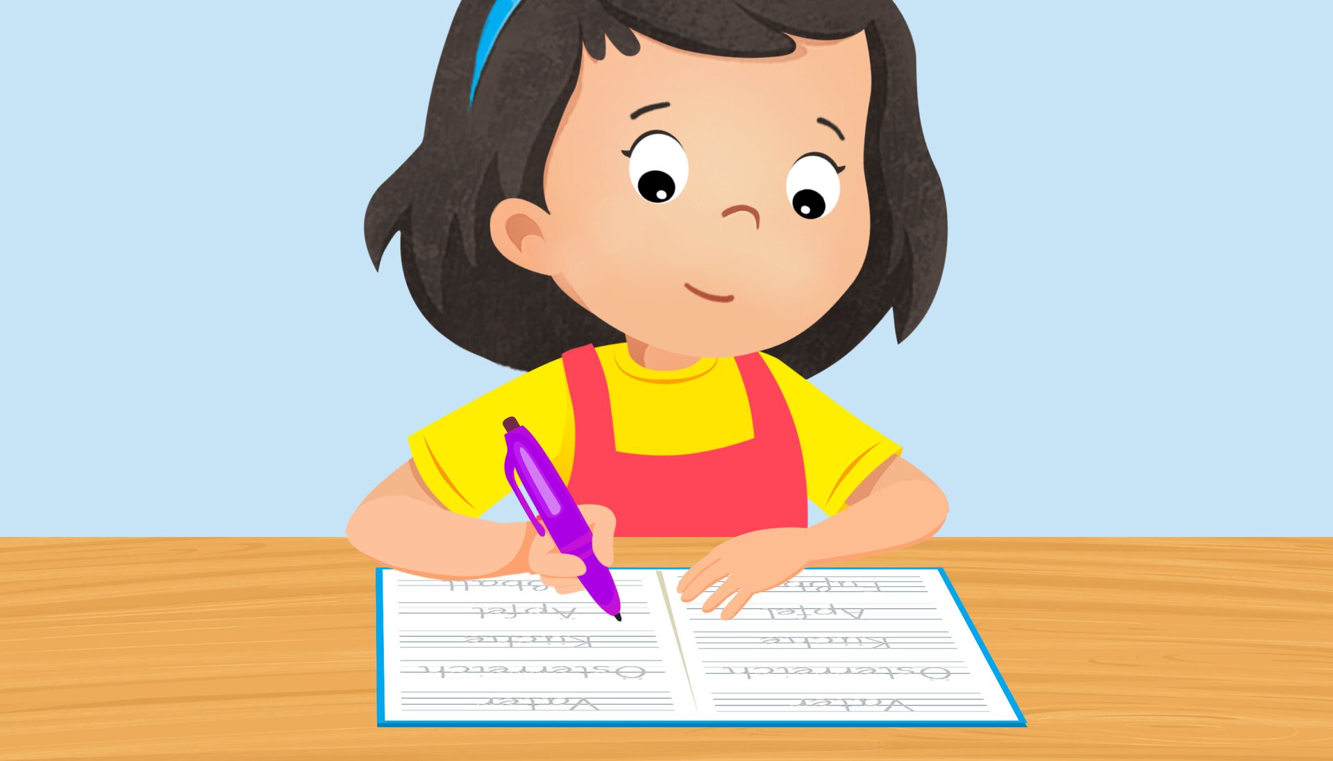 Na ilustracji znajduje się dziewczynka, która Odrabia lekcje.