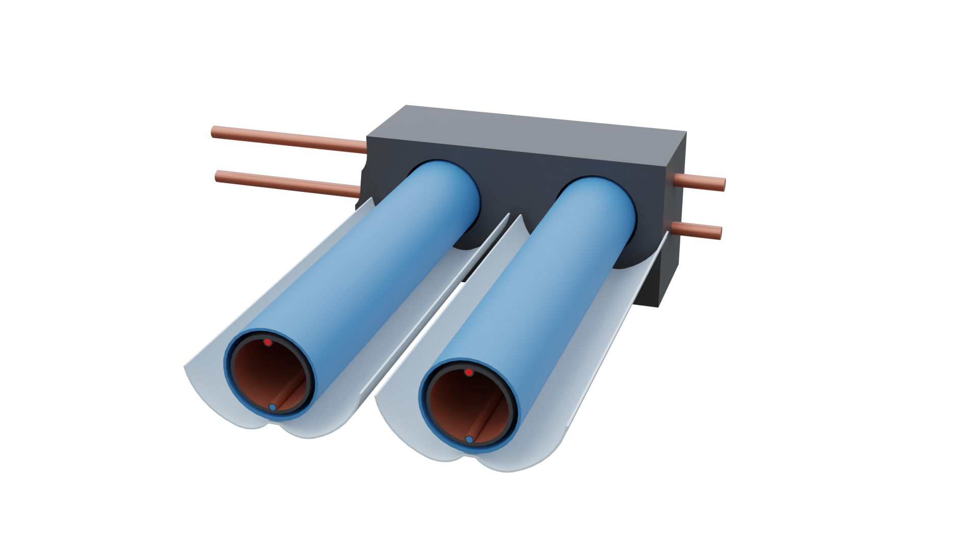 Grafika przedstawia budowę kolektora rurowego. W instalacji osadzone są dwie rury o widocznym przekroju.