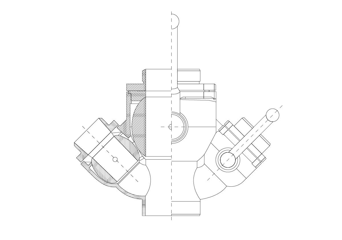 Grafika przedstawia przekrój rozdzielacza kulkowego. Z lewej strony znajduje się nasada wejściowa. Pośrodku oraz po prawej stronie są nasady wyjściowe z zaworami kulkowymi połączonymi z dźwigniami.  
