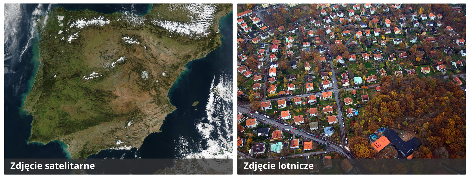 Ilustracja przedstawia zdjęcie satelitarne i zdjęcie lotnicze. Po lewej stronie jest zdjęcie satelitarne Półwyspu Iberyjskiego. Ląd na zachodzie półwyspu ma kolor zielony. Im bardziej na wschód tym kolor jaśnieje, do beżowego. Półwysep otoczony niebieskim morzem. Po prawej stronie zdjęcie lotnicze osiedla domków jednorodzinnych. Domki mają czerwone dachy. W prawym dolnym rogu fotografii jest park.