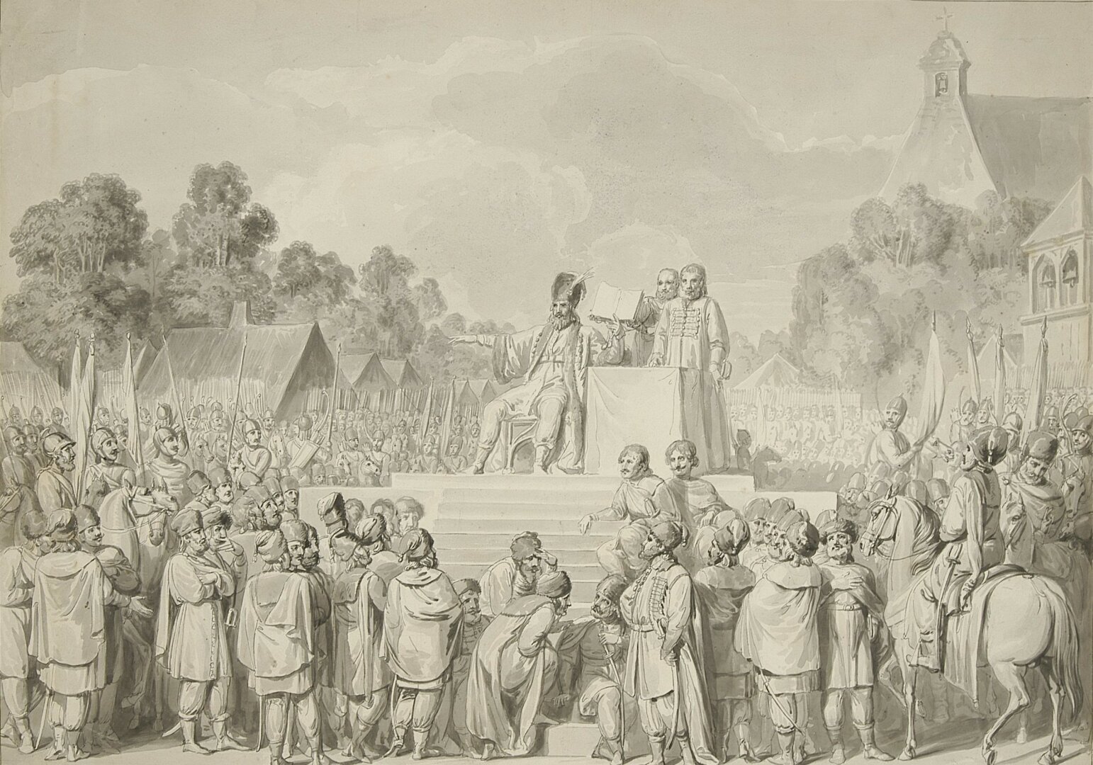 Obraz przedstawia duże zgromadzenie na miejskim placu, między zabudowaniami. W centralnej części znajduje się duży podest i prowadzące do niego schody. Na podeście zasiada na krześle starszy mężczyzna, gestykuluje prawą ręką, w lewej trzyma otwartą książkę, obok niego stoi dwóch szlachciców. Podest otaczają licznie zgromadzeni ludzie oraz wojskowi na koniach.