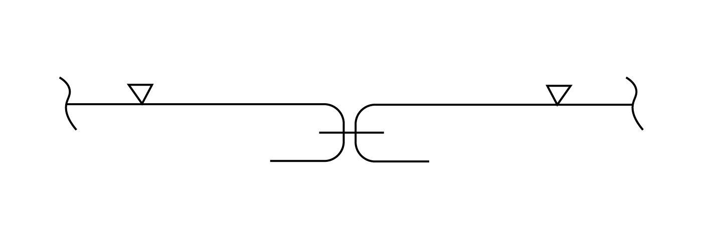 Na grafice widoczny jest schemat. Przedstawia on dwie zakrzywione linie, znajdujące się naprzeciwko siebie. Na obu liniach znajdują się małe trójkąty – po jednym na każdej linii. Linie są połączone linią prostą. Z drugiej strony każda z nich jest zakończona falistym kształtem.