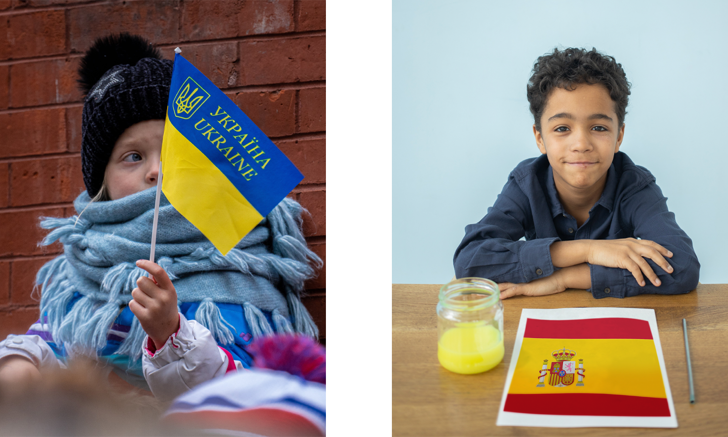 Ilustracja przedstawia dwoje dzieci. Dziewczynka trzyma flagę Ukrainy. Chłopiec z kolei ma przed sobą flagę Hiszpanii.