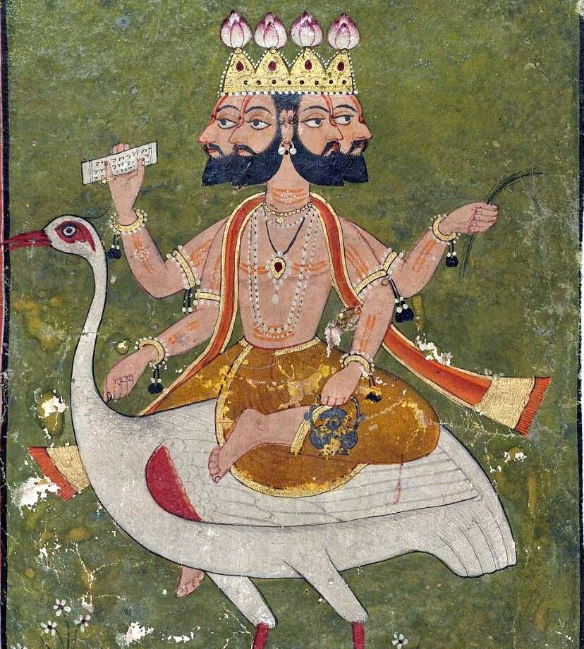 Obraz przedstawia mężczyznę o czterech takich samych głowach zwróconych w różnych kierunkach. Każdą z głów zdobi bogato inkrustowany hełm. Nad hełmem znajdują się pąki różowych kwiatów. Postać ma cztery ręce; w każdej coś trzyma: kartkę z inskrypcją, włosy, naczynie. Jej nagi tors i ramiona zdobi biżuteria. Siedzi na białym łabędziu.