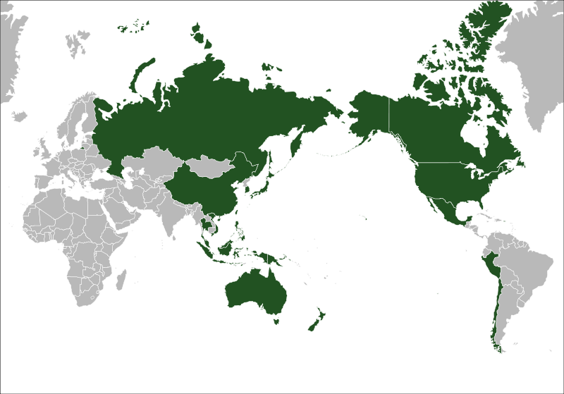 Mapa świata z zaznaczonymi konturami państw. Wskazane są na niej państwa przynależące do APEC.
