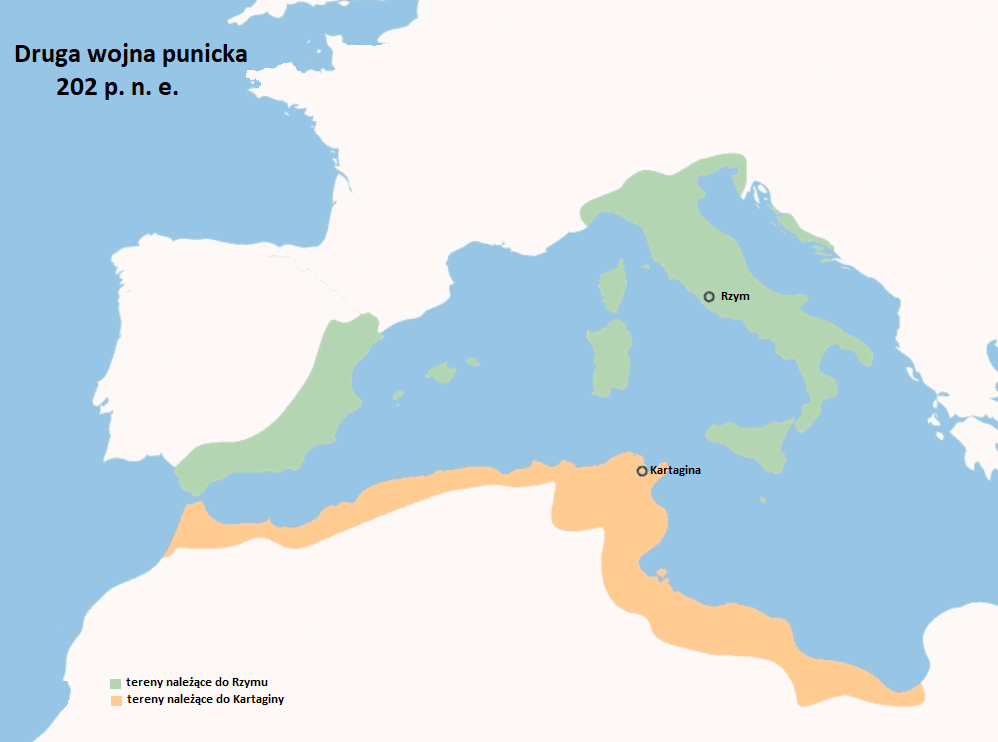 Ilustracja prezentuję mapę drugiej wojny punickiej 202 p.n.e. Na mapie oznaczone zostały dwa rodzaje terenów. Tereny należące do Rzymy (wyznacza je oznaczone na mapie miasto Rzym) oraz tereny należące do Kartaginy (wyznacza je oznaczone na mapie miasto Kartagina).  Do Rzymu należą już całe Włochy wraz z Sycylią i dwoma wyspami na wschód od wschodniego wybrzeża Włoch oraz południowo-zachodnia część Półwyspu Iberyjskiego oraz dwie maleńkie wyspy na wschód od wschodniego wybrzeża Półwyspu Iberyjskiego. Do Kartaginy należy tylko północne wybrzeże Afryki.
