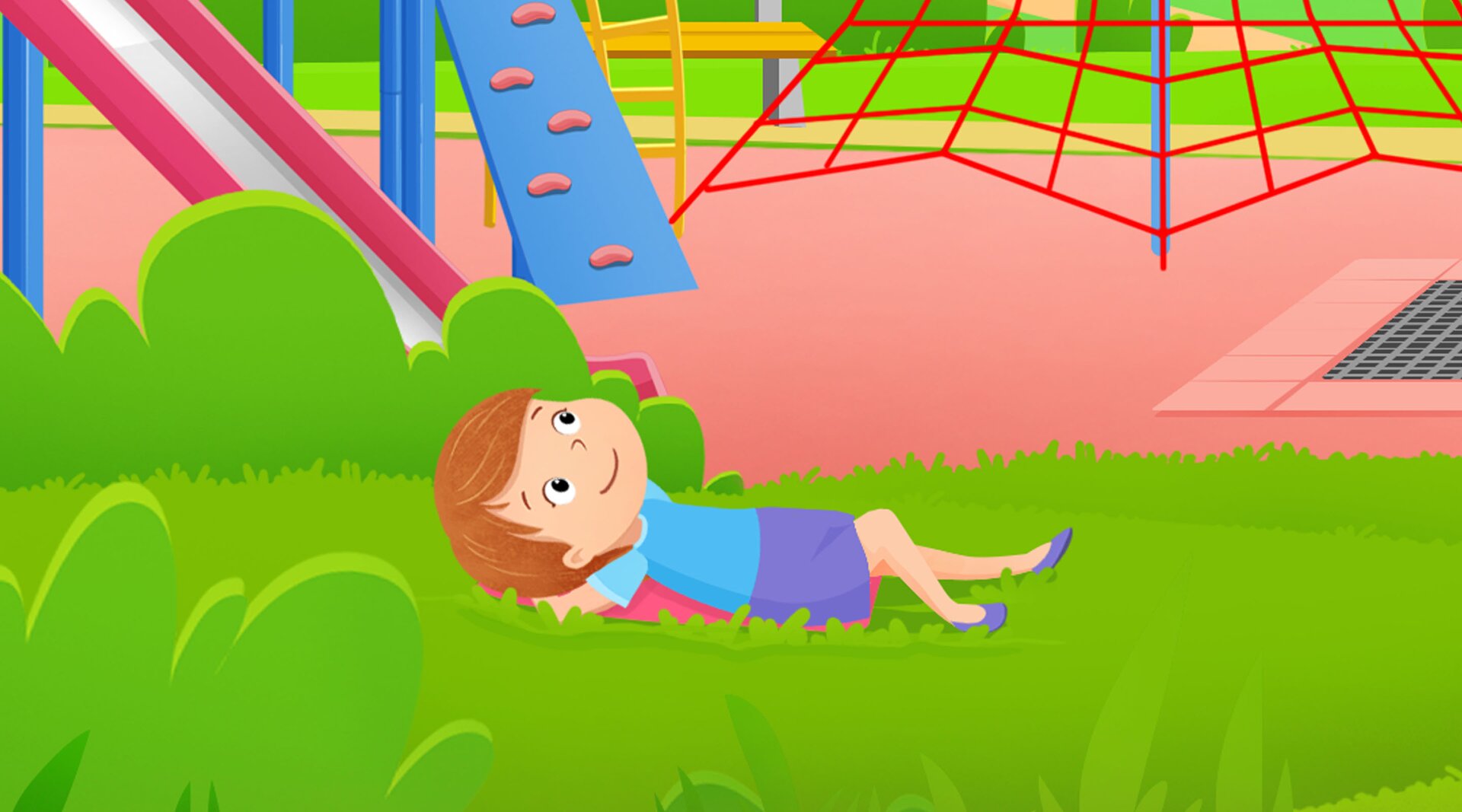 Na ilustracji znajduje się dziewczynka, która leży na trawie.